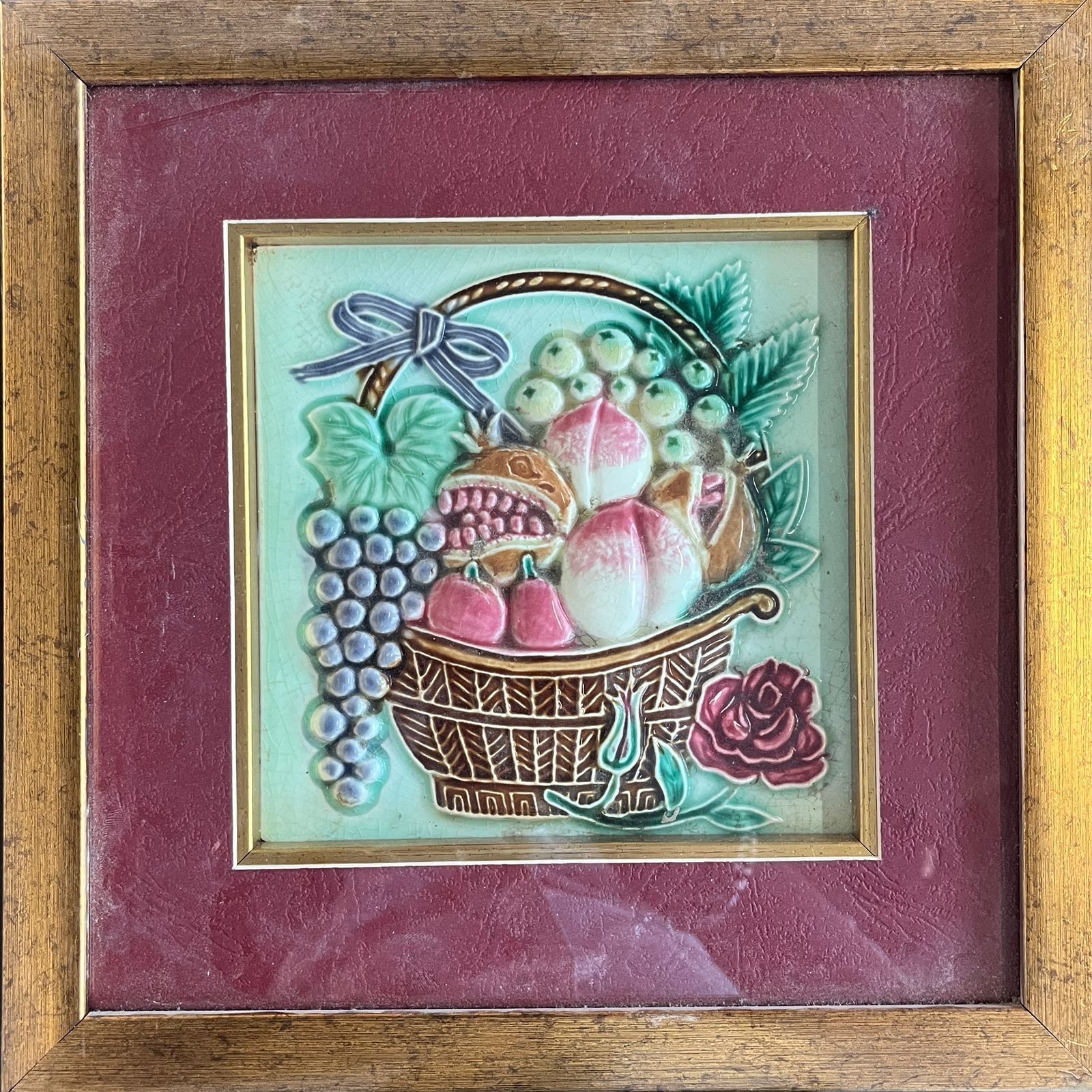 Rare Handpainted Majolica glazed ceramic plaque floral relief work with frame