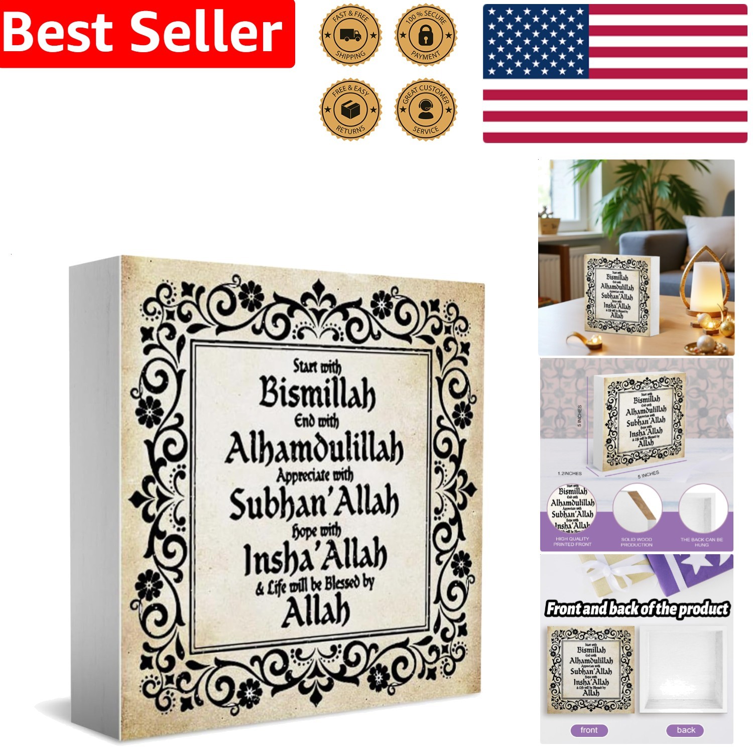 Islamic Wooden Box Sign – Inspirational Eid Mubarak Ramadan Decor Home Office…