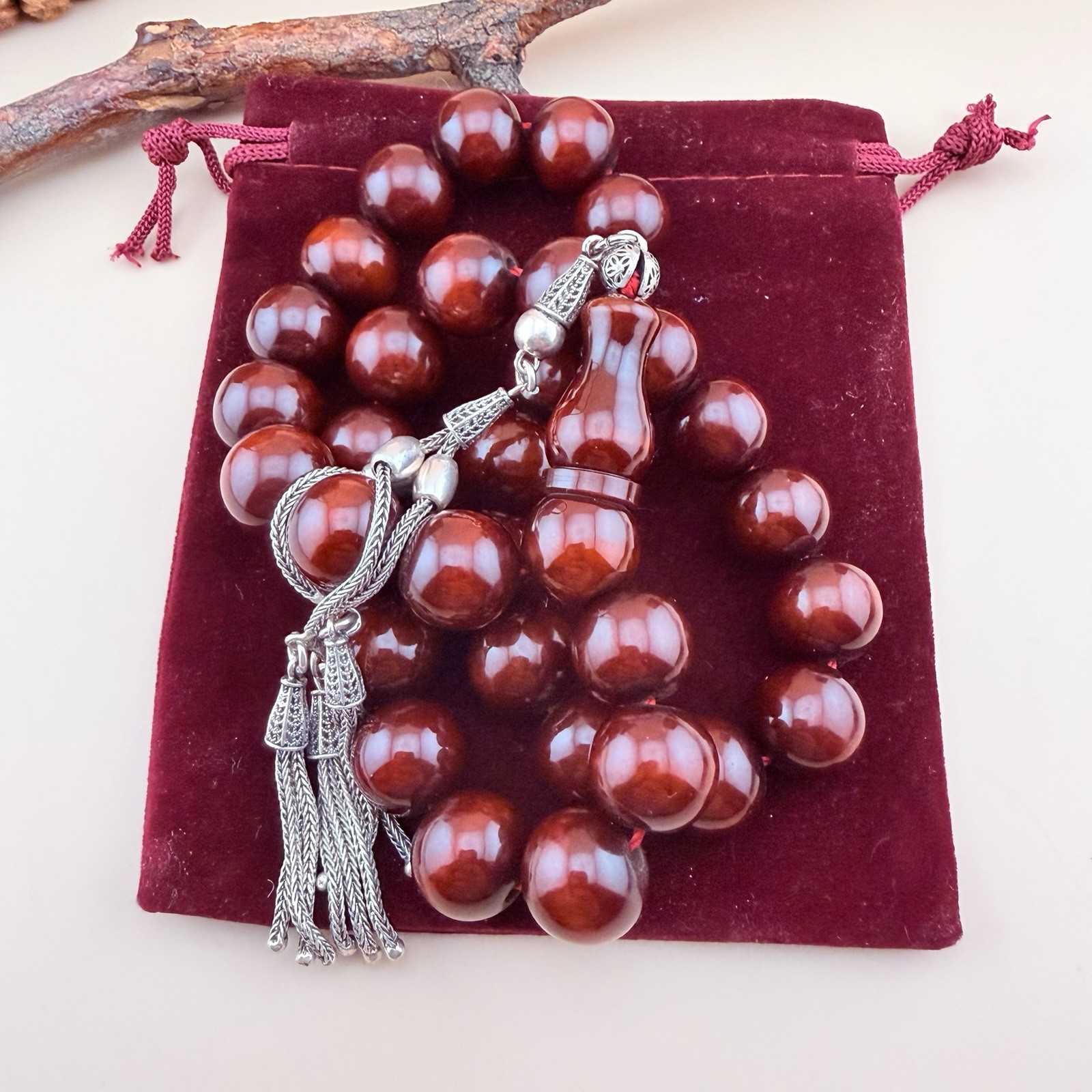 Old Faturan 33Bead Islamic Tasbih S. Silver Tasselمسباح مسبحة فاتوران شرابة فضة