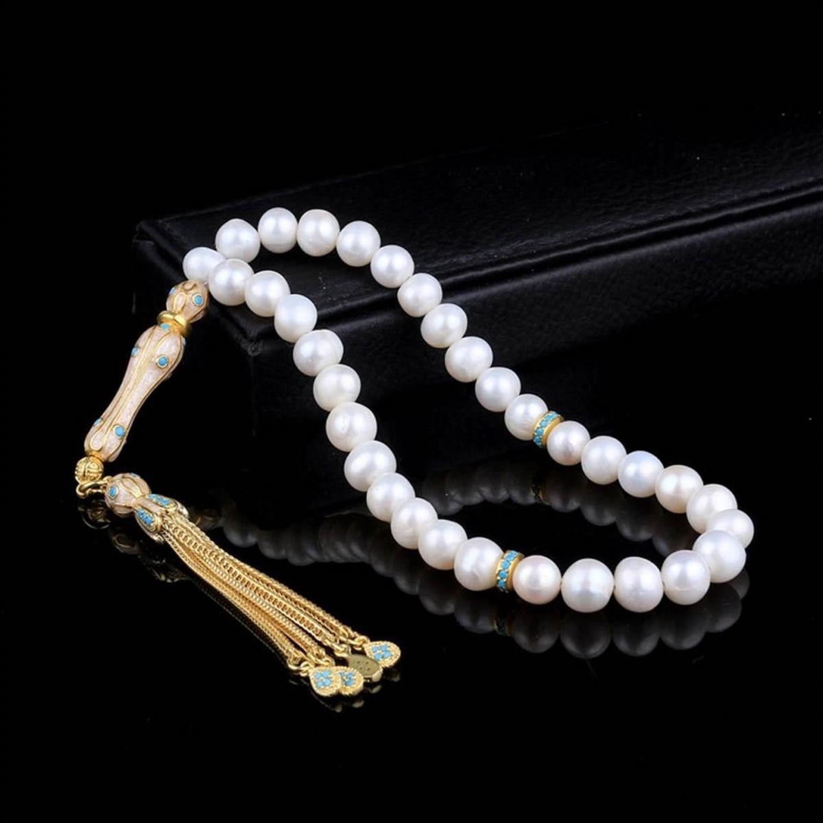 Handmade Pearl Rosary 925 Sterling Silver Gold Plated Turquoise Tassel Tesbih