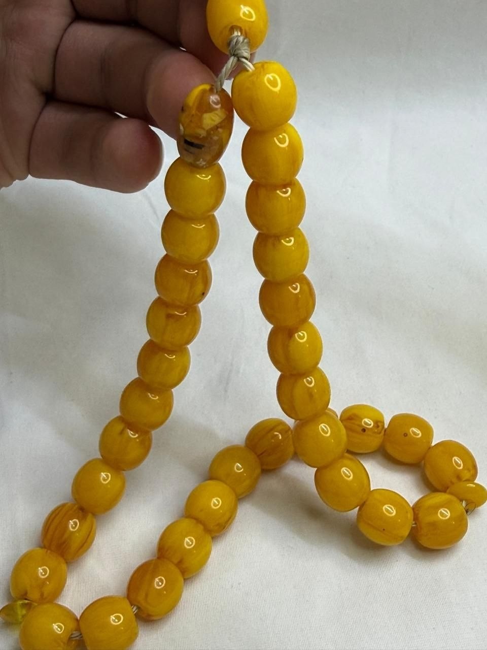 Old Yellow Tesbih Misbaha 33 Beads Islamic Prayer Beads Swirl Pattern Collectibl