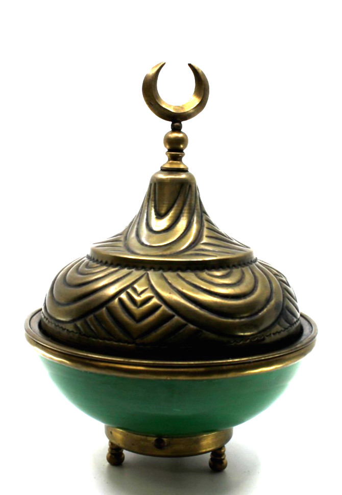 Vintage Crescent Moon Brass Green Enamel Covered Dish Arabic Islamic Ottoman