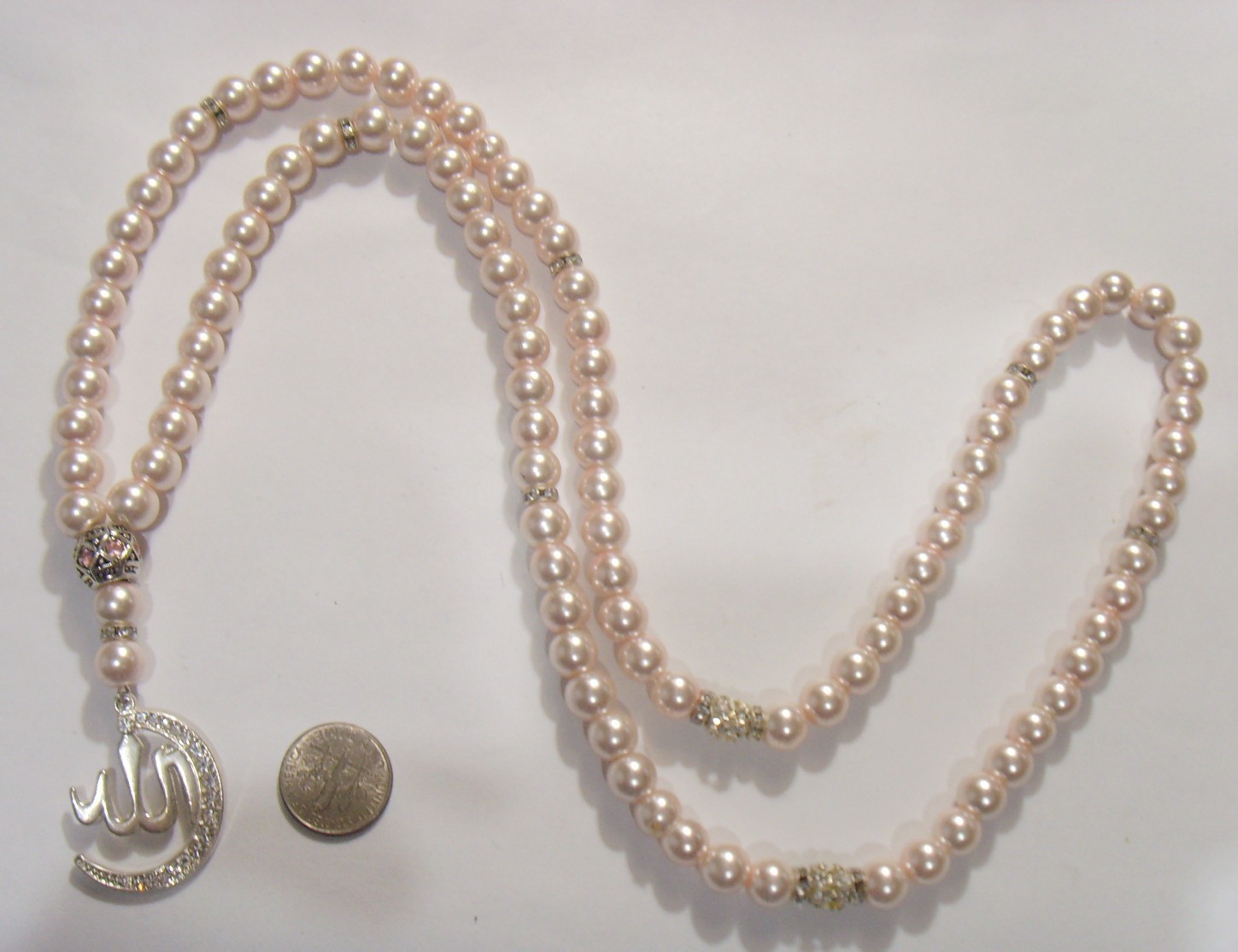 vintage Islamic Rosary Crescent moon Allah pendant necklace faux pearls FC1336