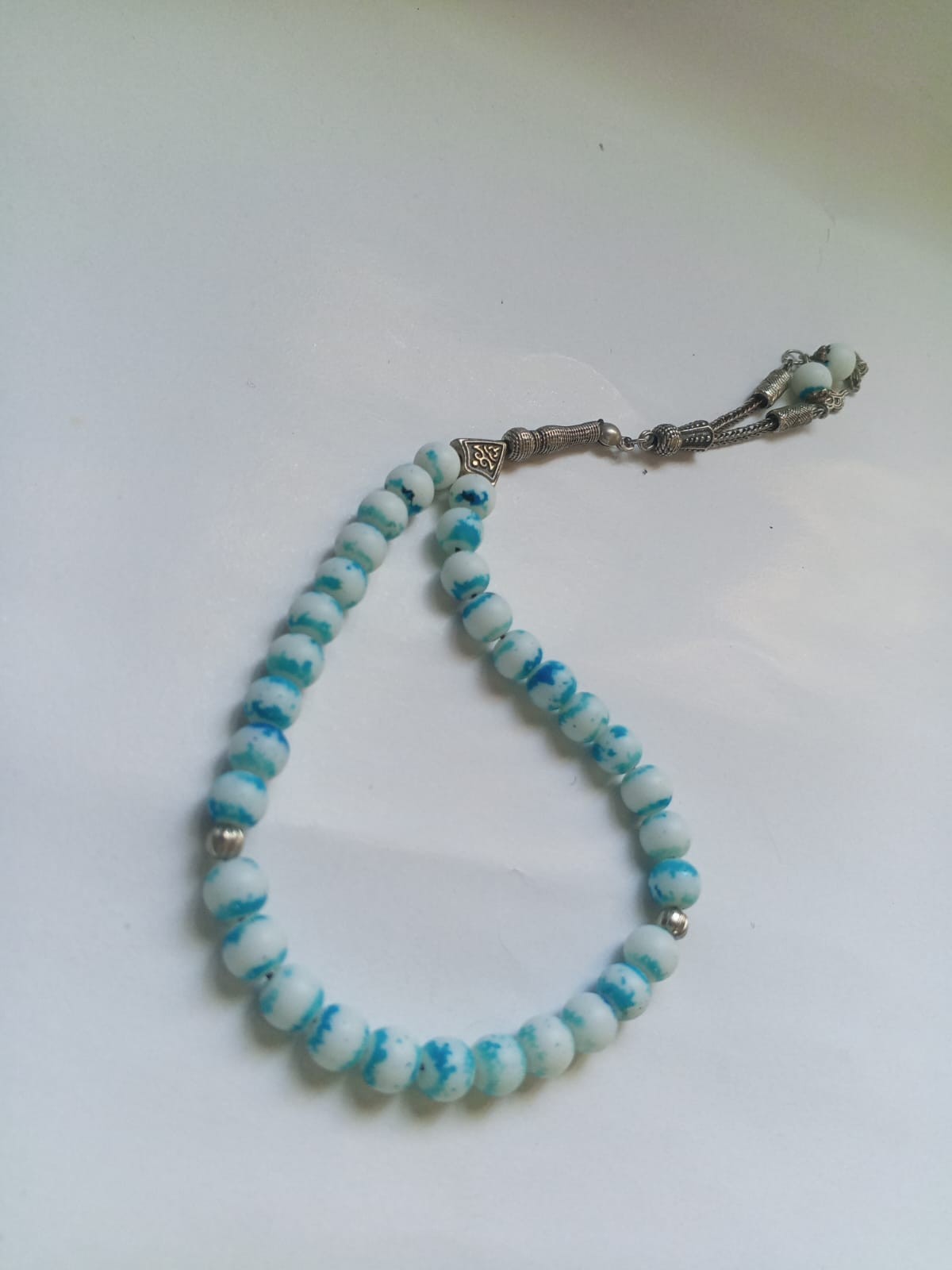 Islamic Tasbih 33 Beads Misbaha Muslim Prayer Rosary Turquoise White Marble Silv