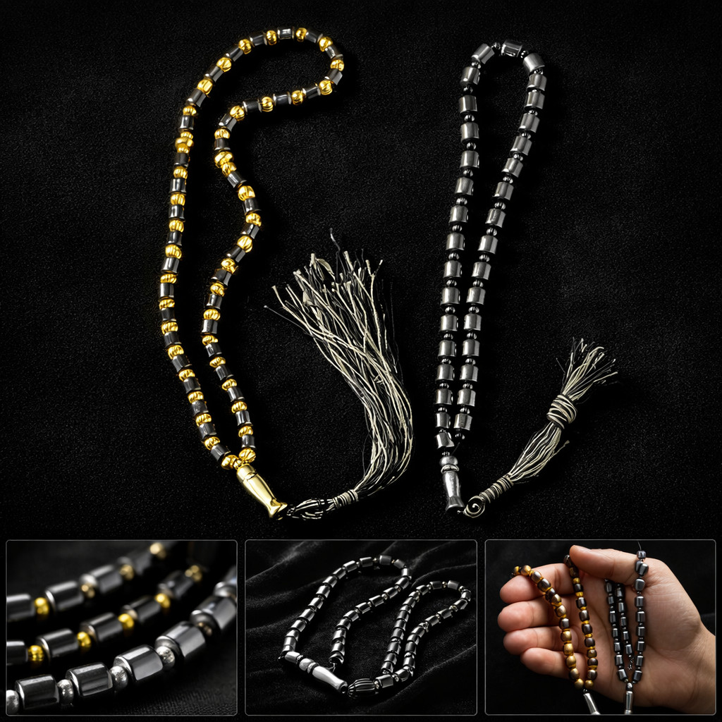 2x Hematite Prayer Beads Saudi Misbaha Set Heavy Stone Islamic Silver Gold