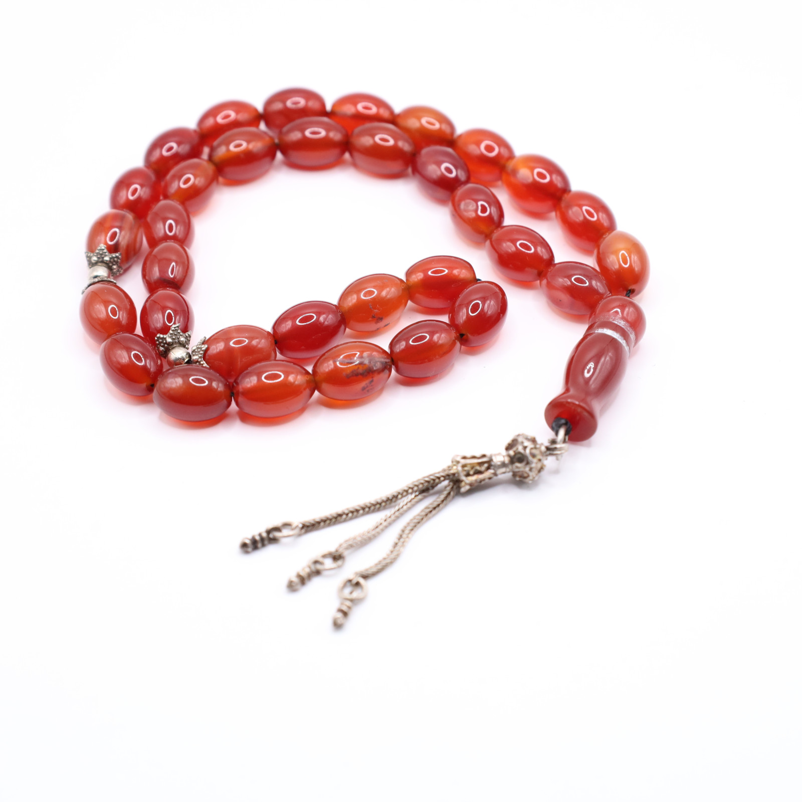 Islamic Prayer Beads Red Agate 33 Silver Tassel Misbaha Tasbih Aqiq
