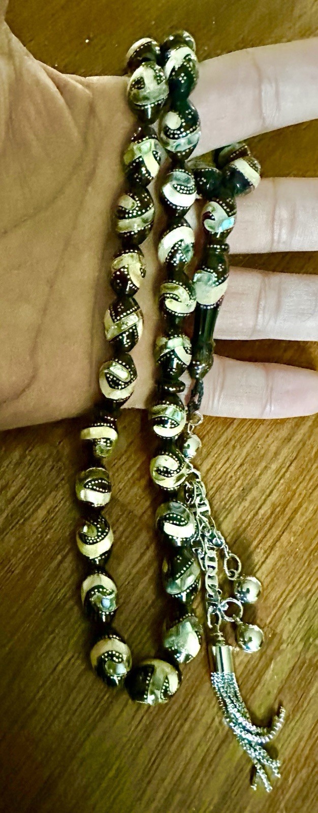 A Stunning Old Yusur-Black Coral Islamic Prayer Beads-Silver & Shell Inlaid