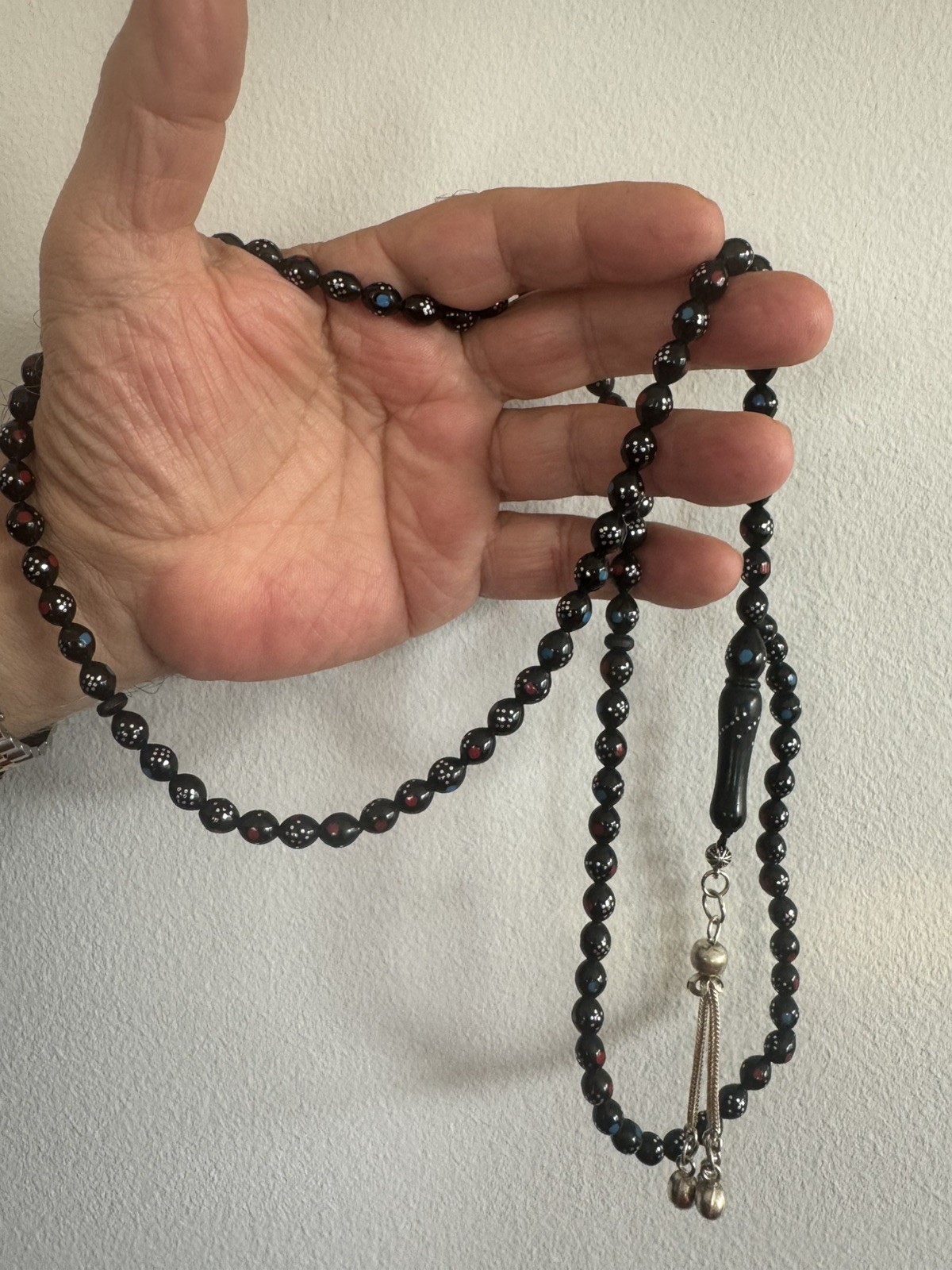 Natural Black Coral 99 BEADS Inlaid 925 sliver Yusur