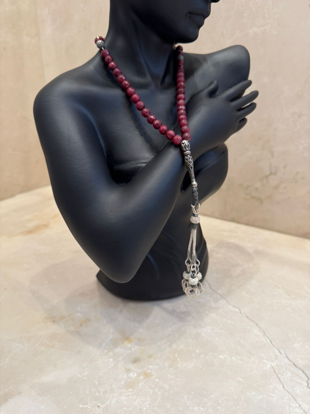 Red Ruby Round prayer bead Gemstone Loose Trabzon silver tassel 100 % guarantee
