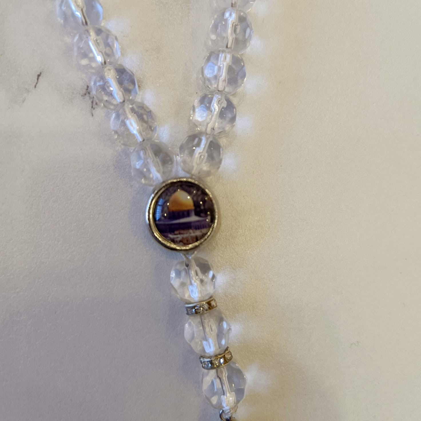 Clear Crystal Prayer Beads (Misbaha) with Dome of the Rock Medallion
