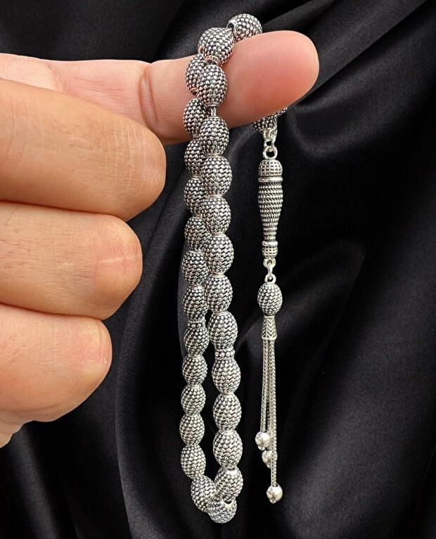 5*8mm 925 Sterling Silver 33 Islamic Prayer Beads Tesbih Rosary Misbaha