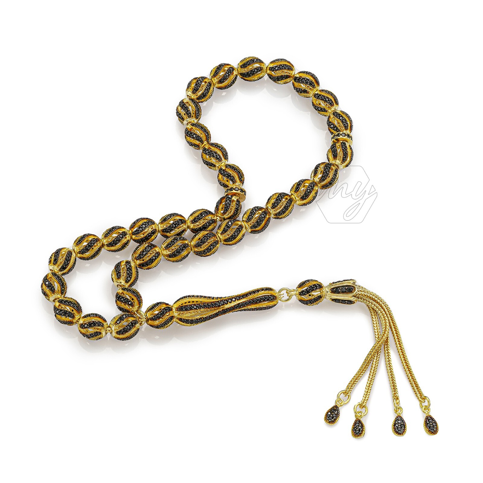 925 Sterling Silver Gold Plated Onyx Islamic Prayer Beads Rosary Tasbeeh Misbaha