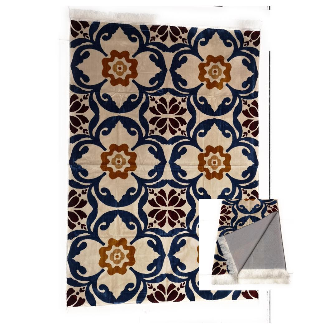 Extra Large Blue/Orange Floral Islamic Prayer Mat For 4-5 People