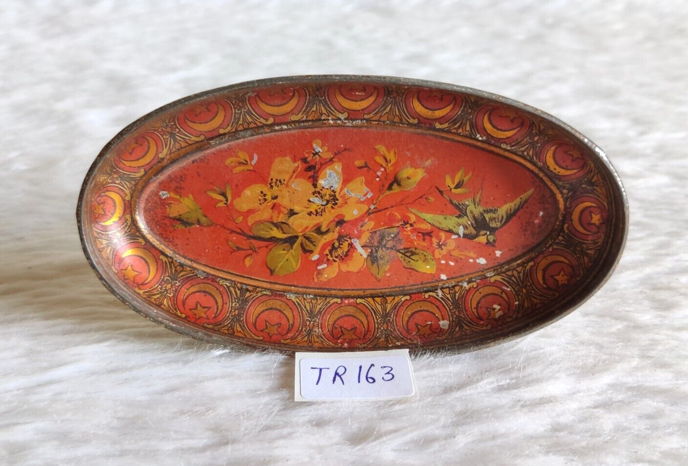 1940 Vintage Birds Graphics Crescent Moon Star Islamic Tin Oval Shape Tray TR163