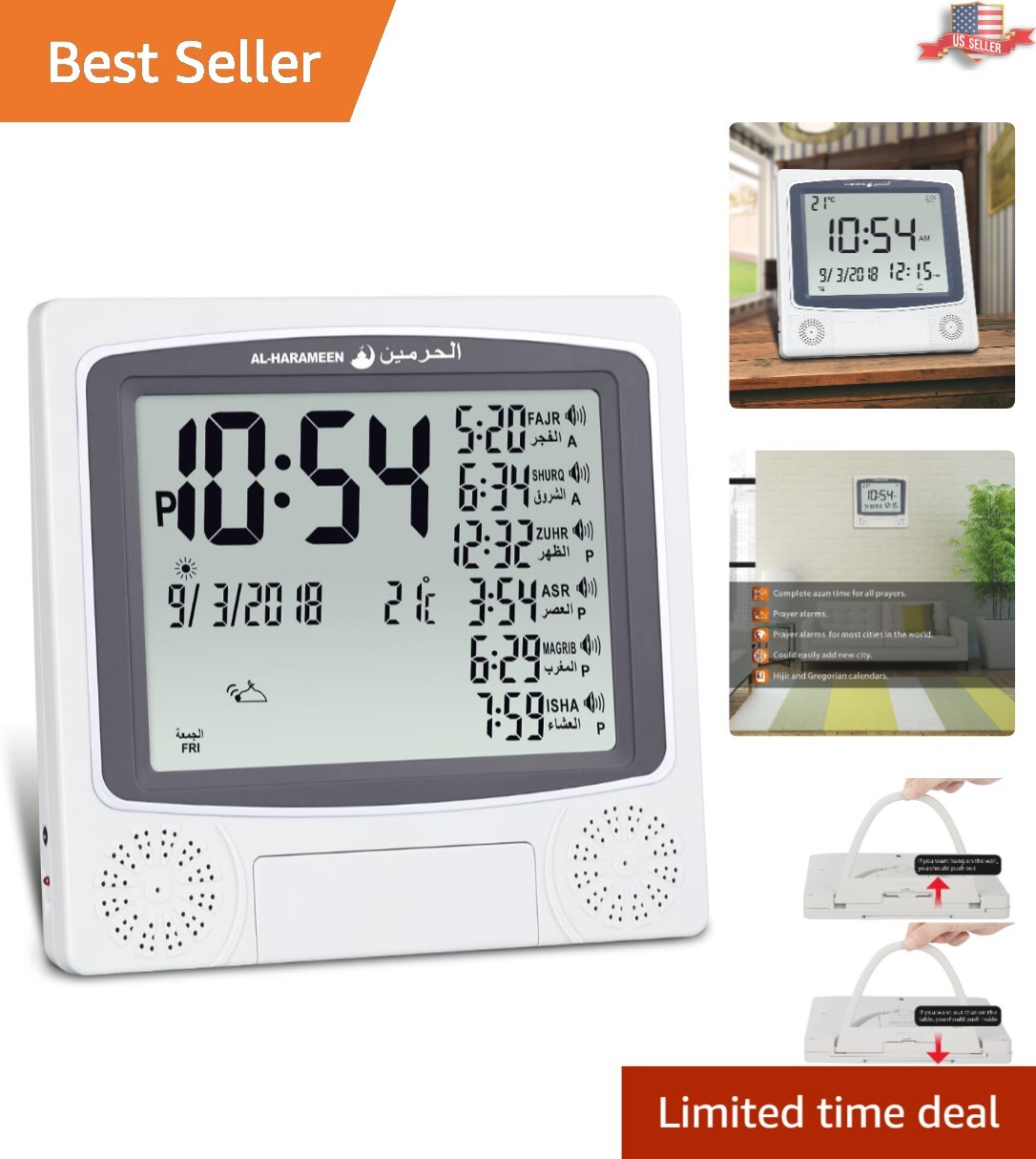 Digital Azan Alarm Clock with Temperature Display – Space-Saving Design