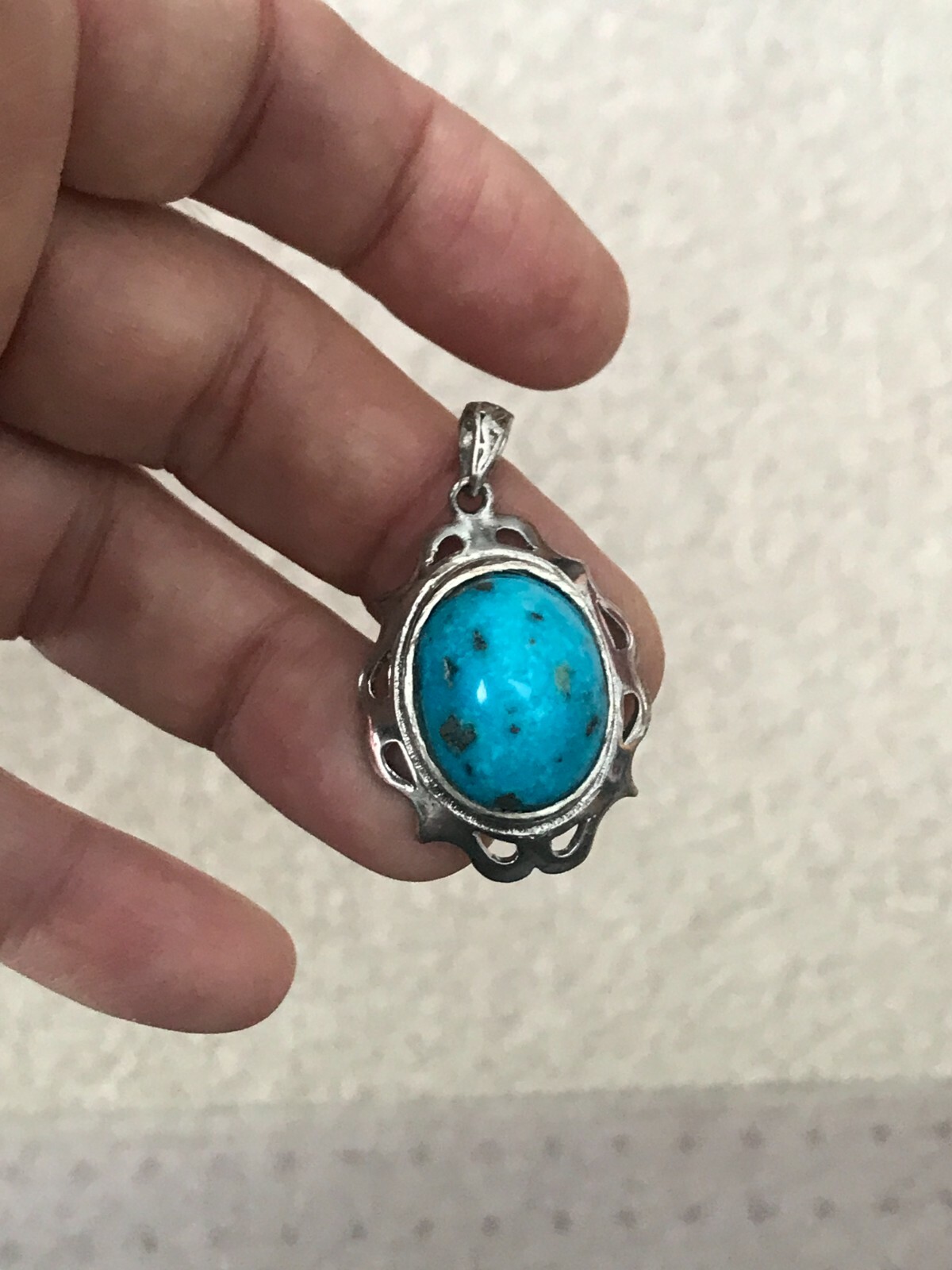 GENUINE LARGE PERSIAN TURQUOISE 925 SILVER FRAME PENDANT الفيروز الفارسي
