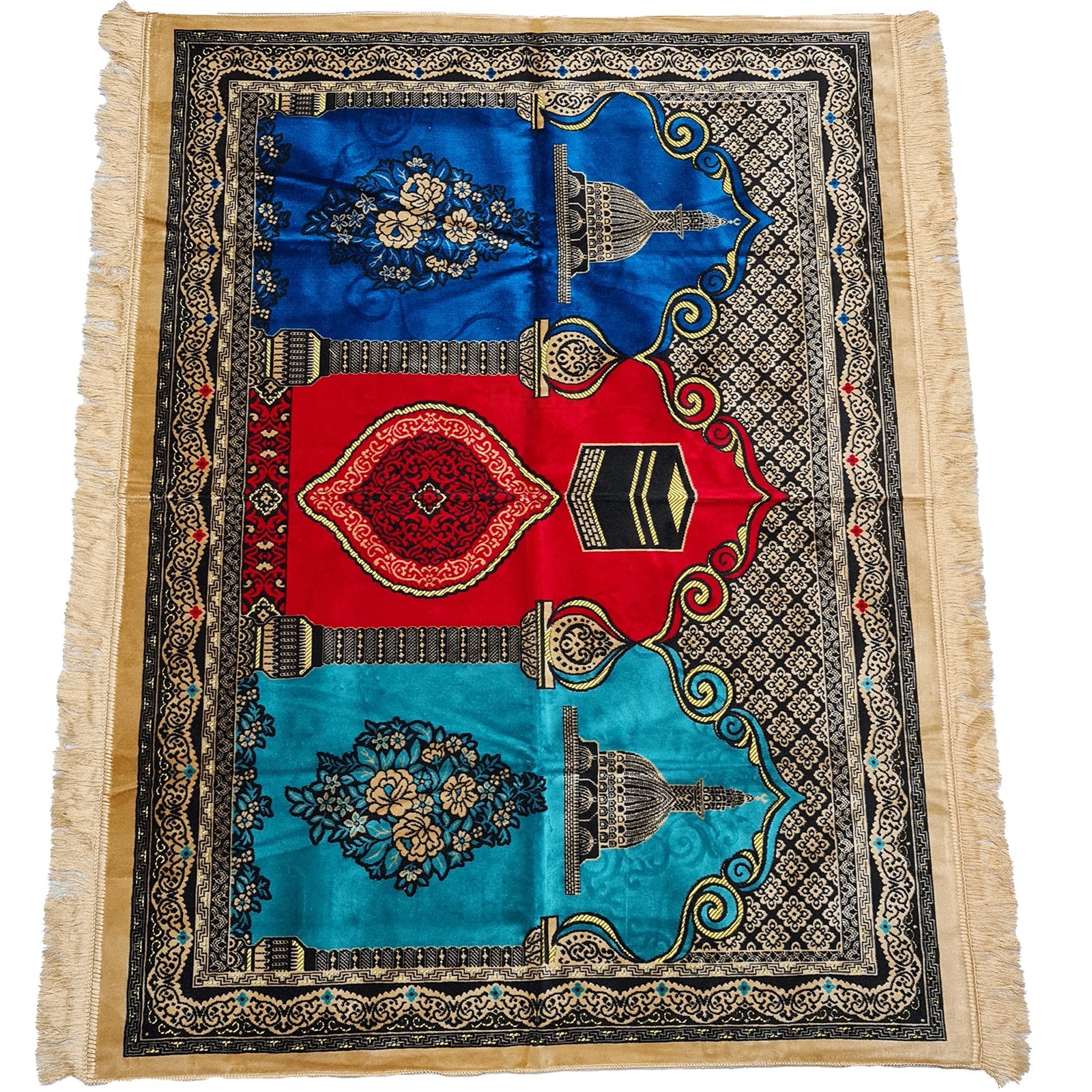 Large Red Blue Beige Multicoloured Kaba Islamic Prayer Mat Rug Musallah Janam