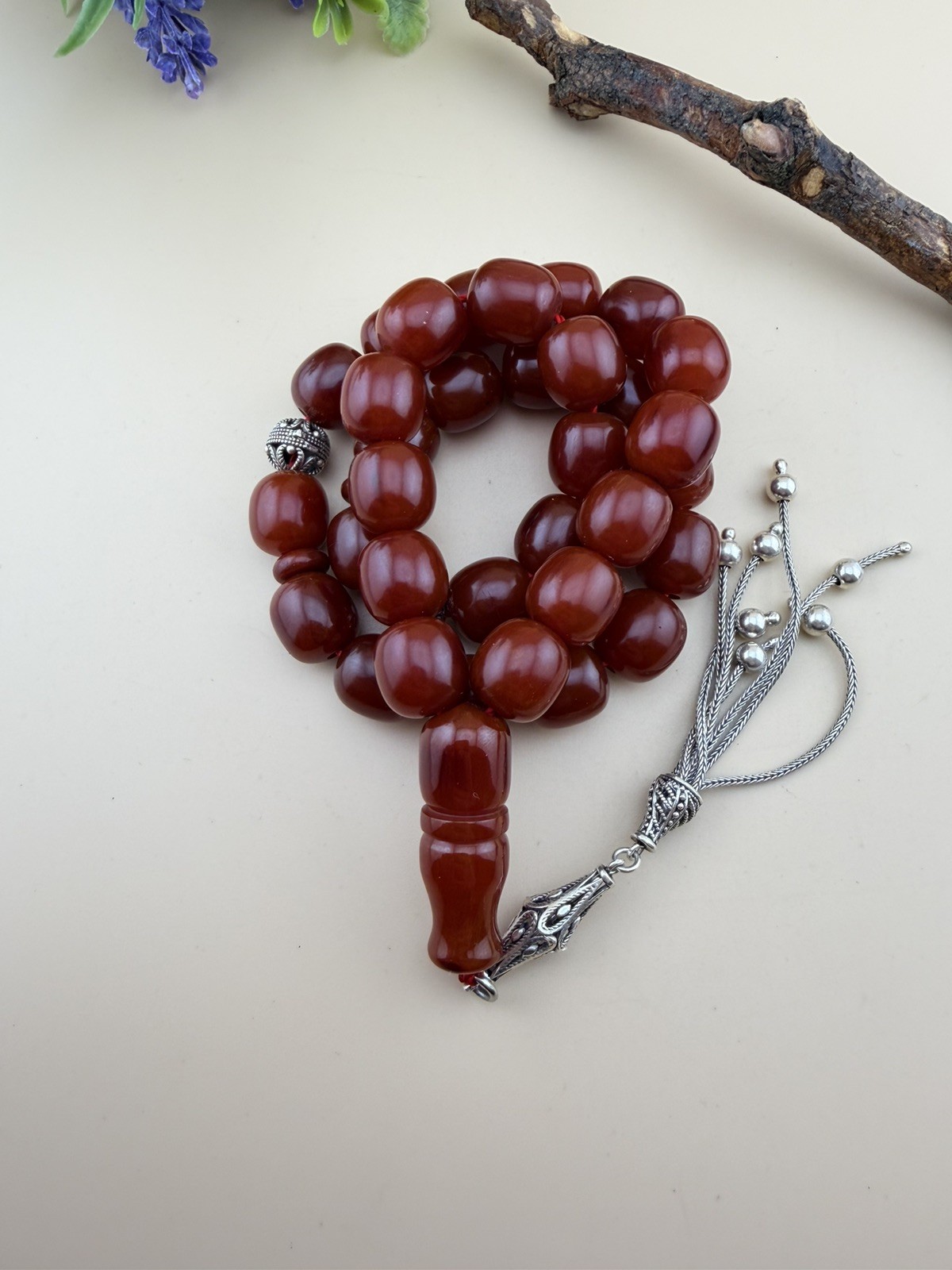 مسباح مسبحة مسكي احمر شرابة فضة VTG RED MISKY ISLAMIC ROSARY 33-bead N778