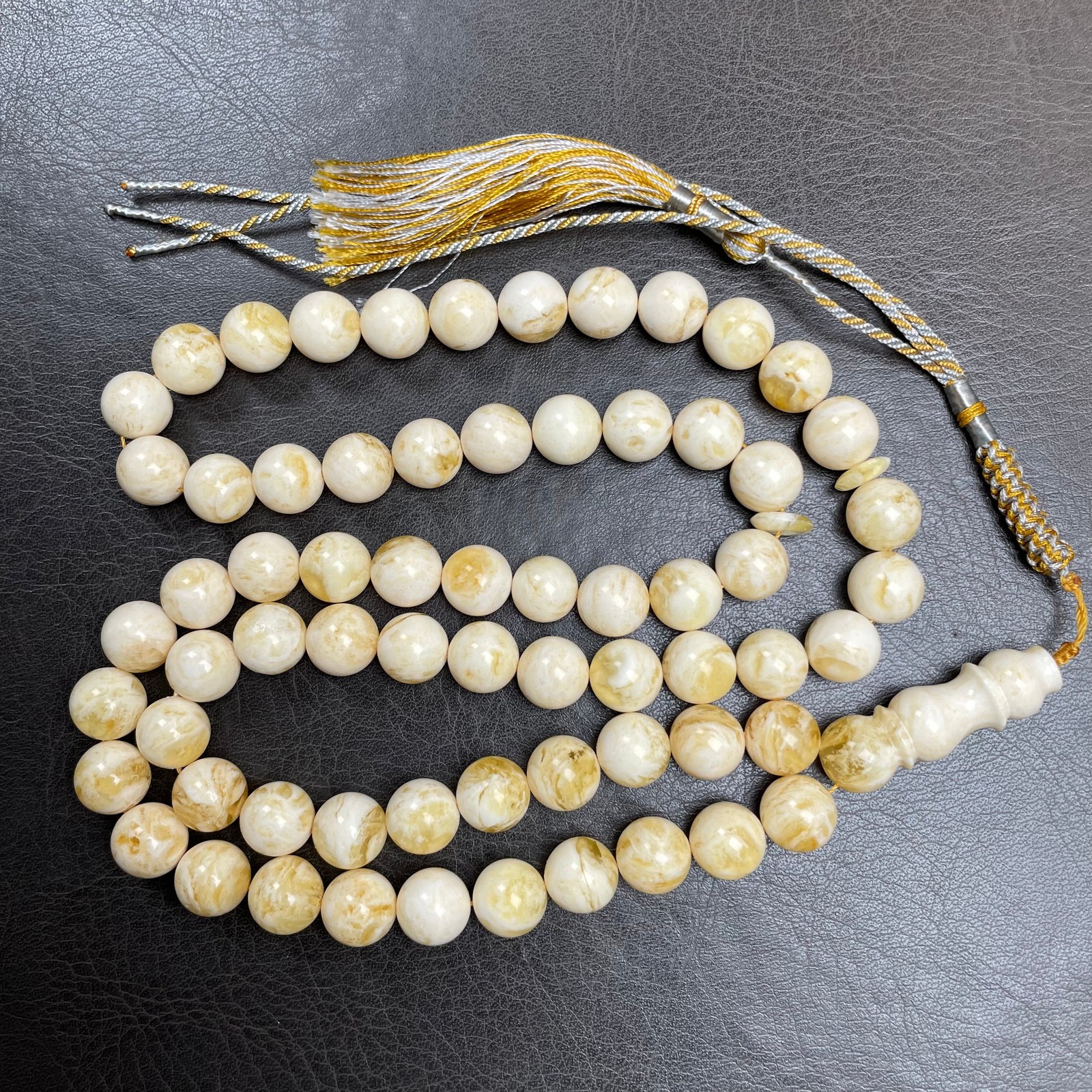 Handmade White Amber Misbaha 10.8mm 48g 66 beads LAB certificate