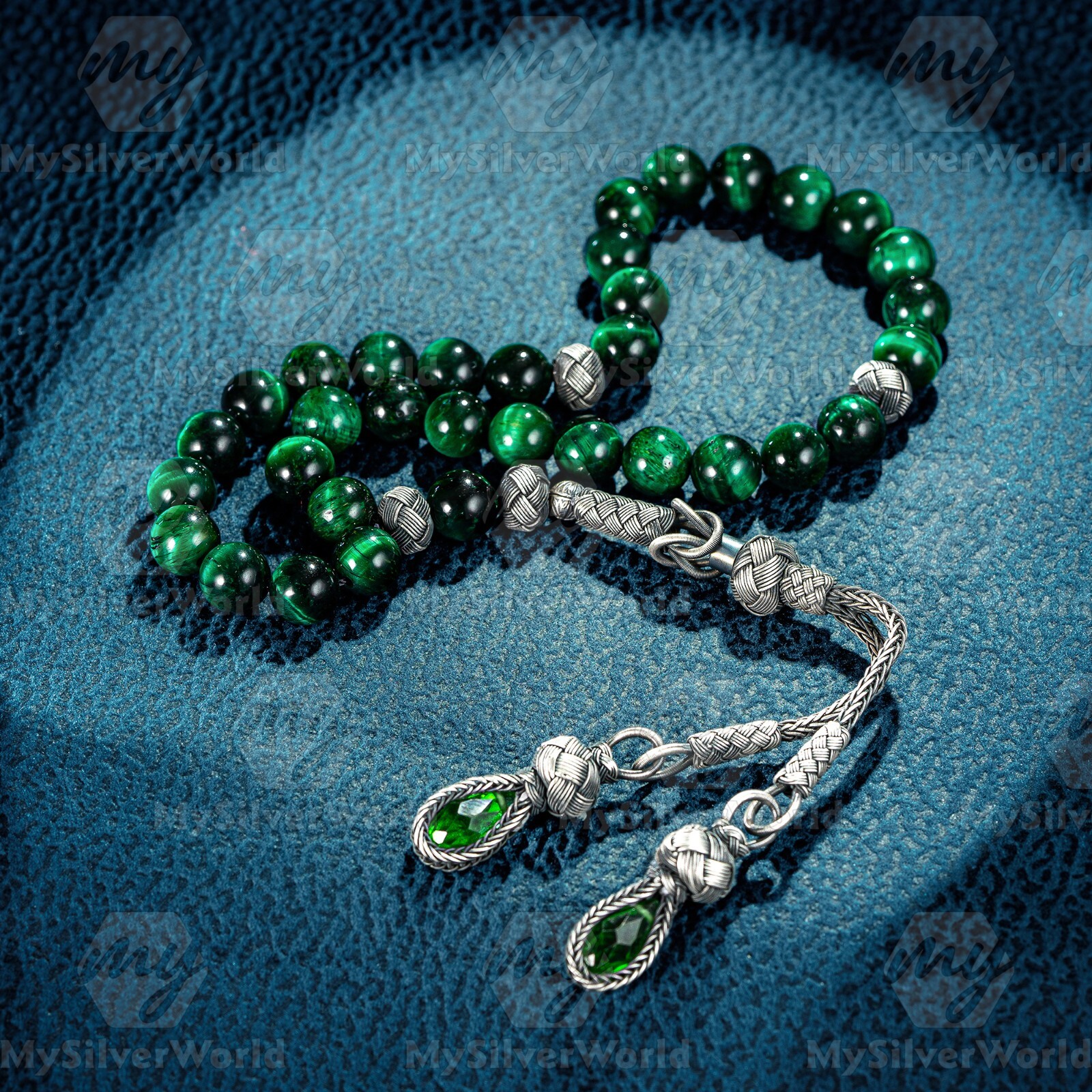 1000 Ct Silver Turkish Kazaz Green Tiger’s Eye Islamic 33 Prayer Beads Tasbeeh