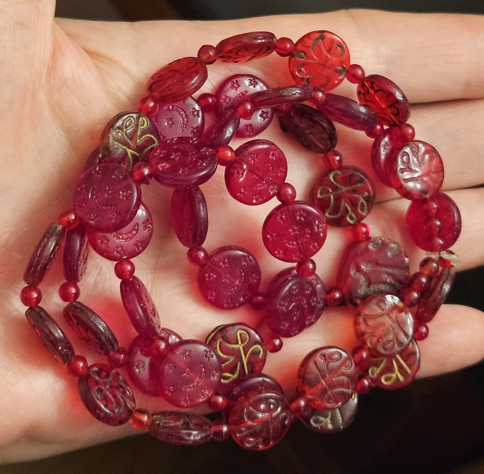 Islamic Hajj Mecca Red Glass Beads Arabic Script Moon Stars 28″ Necklace
