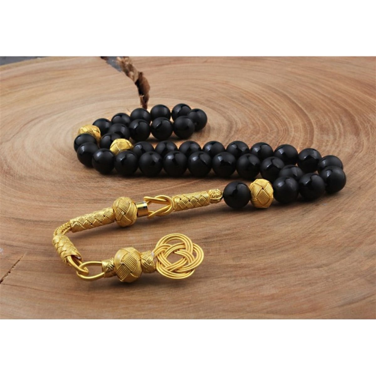 Black Onyx Stone Tesbih 33 Prayer Beads Gold Plated 1000 Fine Silver KazazRosary