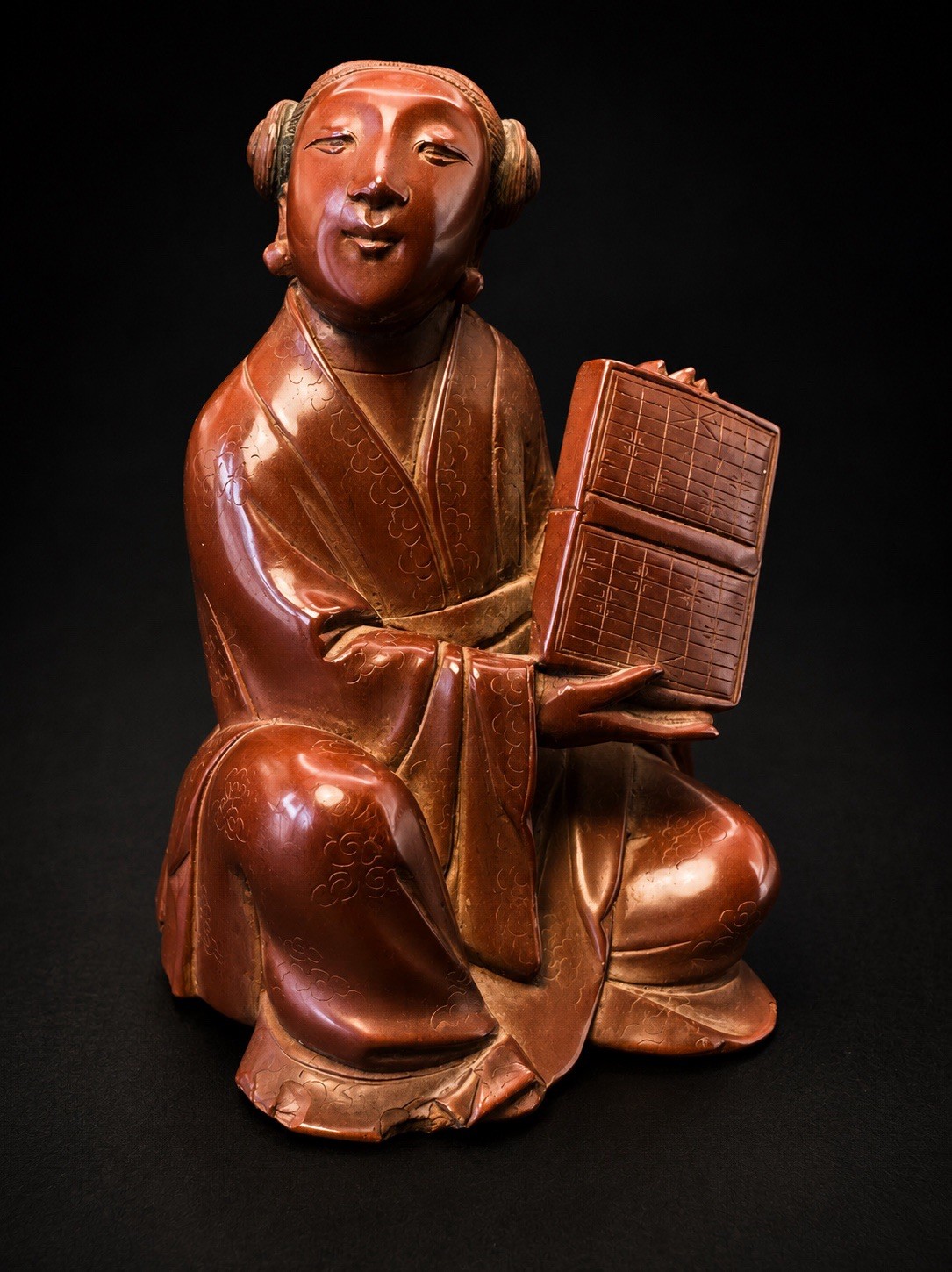 Vintage Carved Faturan Bakelite Scholar Figure Holding Tablet Asian Sculpture