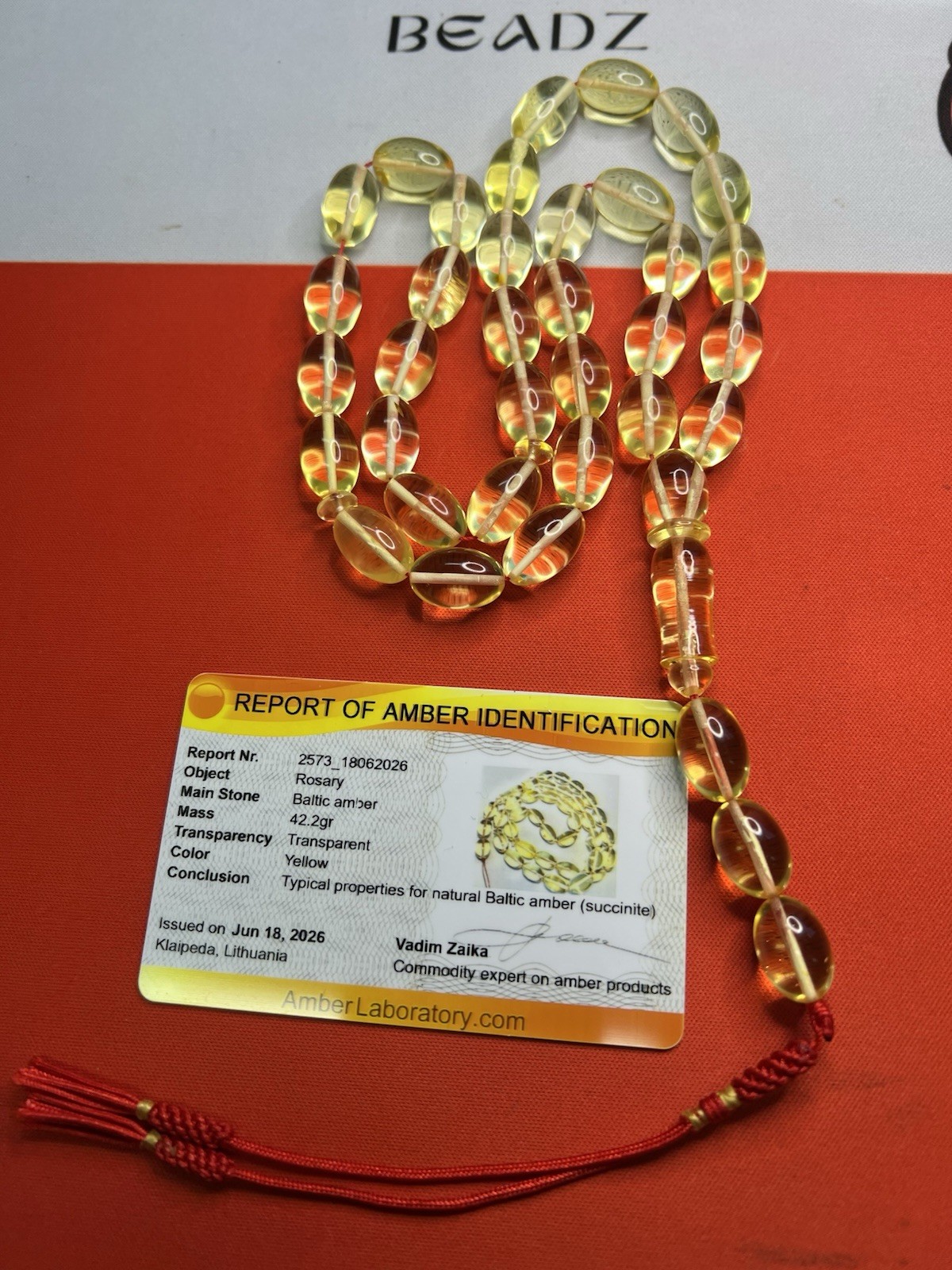 Lab Certified BalticAmber 42.2 Grams 16.5×10.9mm 33 +3 Beads