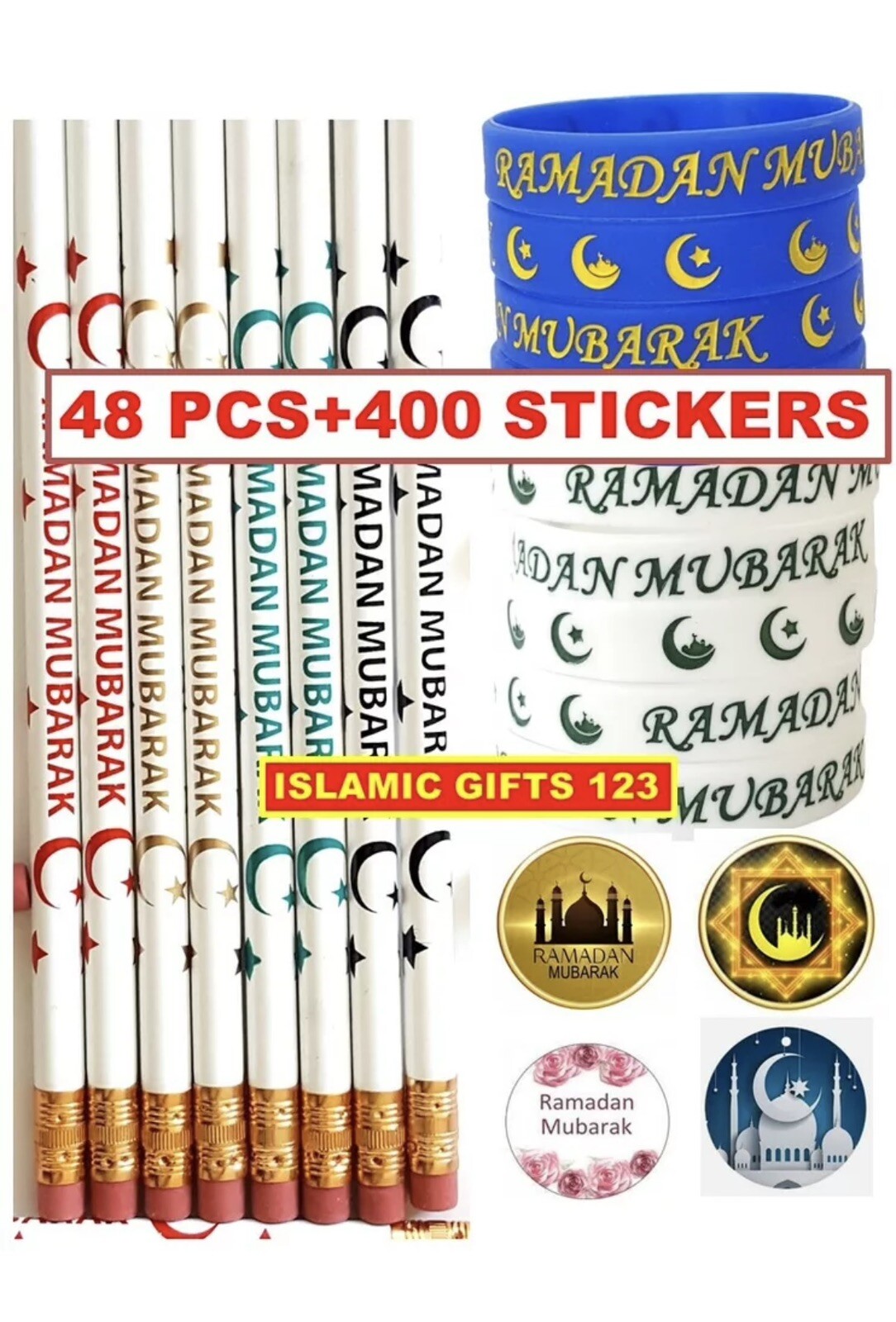 48 Pack Ramadan Pencils Wristbands + 400 Ramadan Sticker Islamic Gifts Eid Gifts