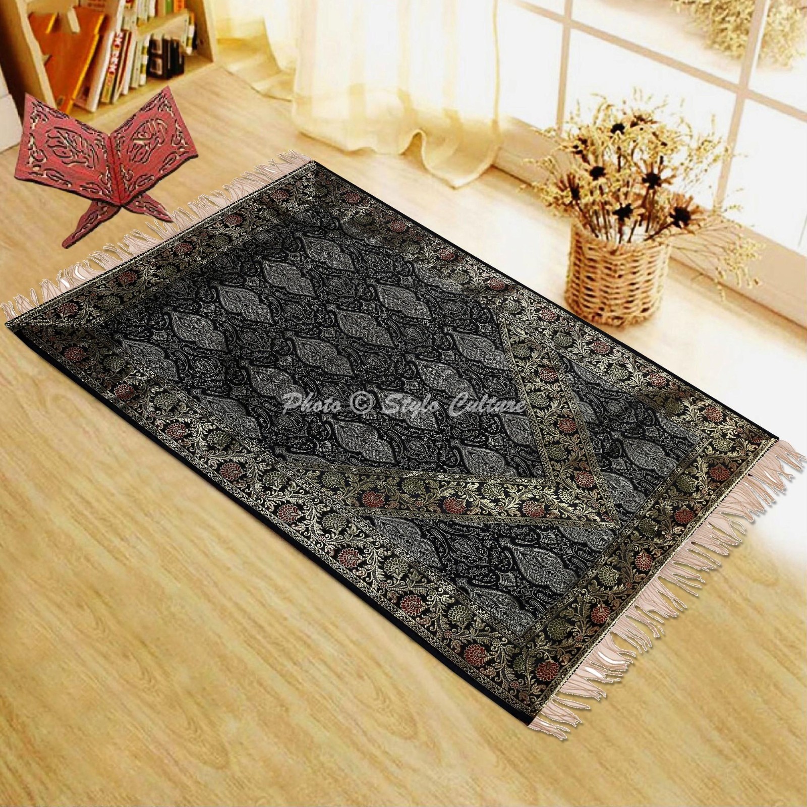 Prayer Rug Janamaz Muslim Black Golden Lace Sajadah Mat Ramadan Brocade Jacquard
