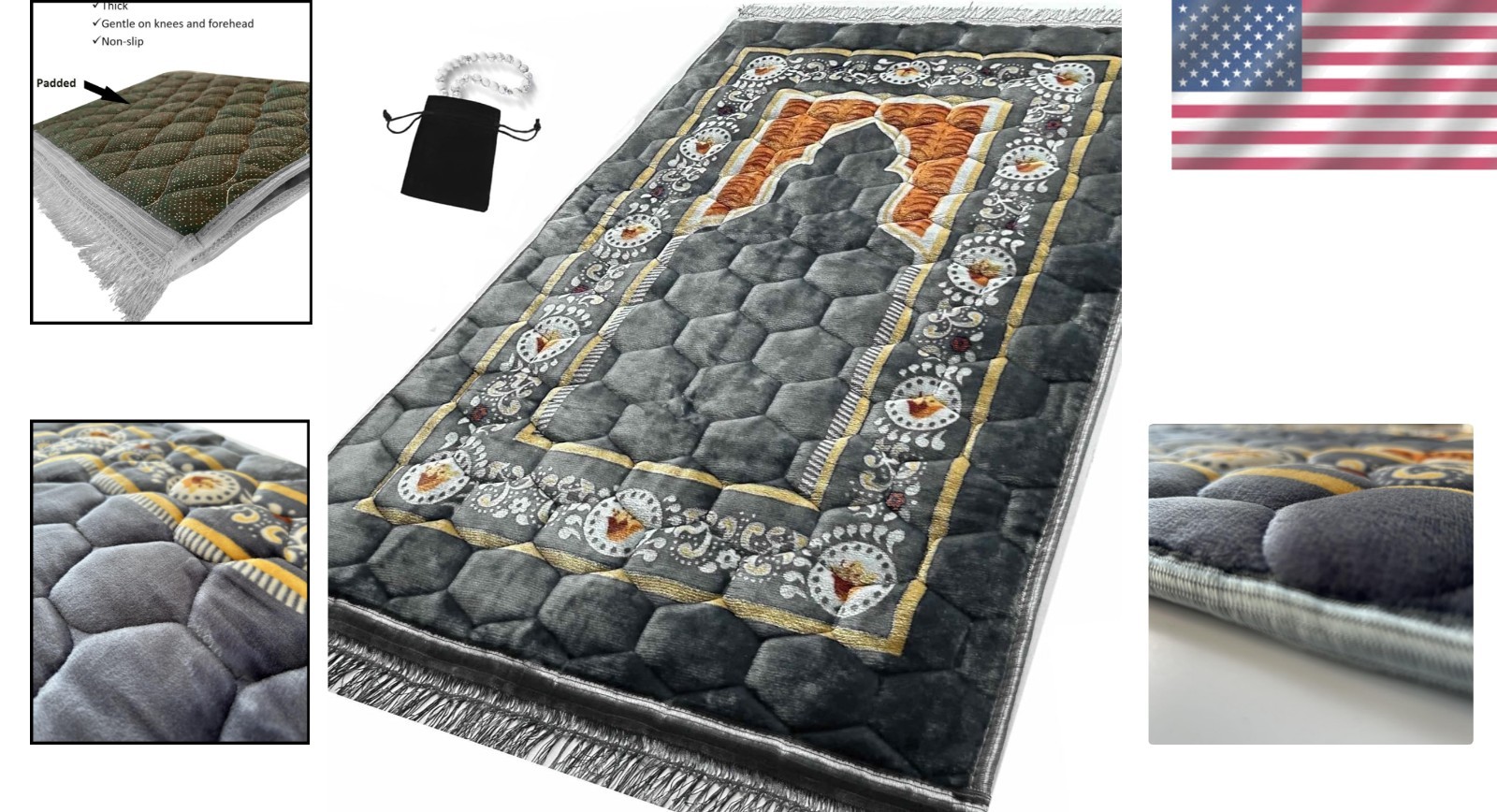 Lightweight & Portable Prayer Rug with Beads | Ideal for Travel | Grey 47inx32in