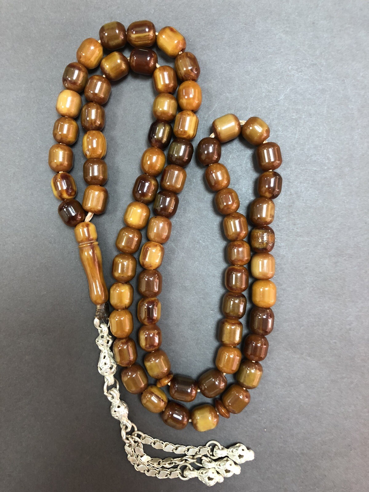 Antique Old Brown Damari Amber bakelite islamic Worry prayer 67 beads 48 Grams