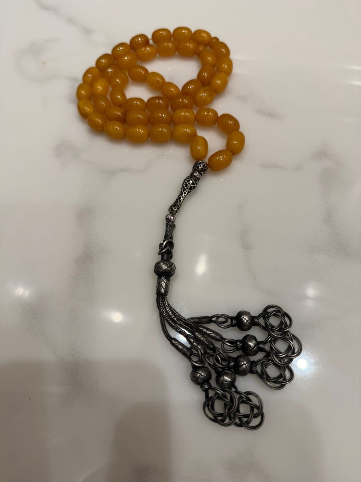 Antique amber Egg Yolk Butterscotch Baltic Islamic Prayer beads silver tassel 45