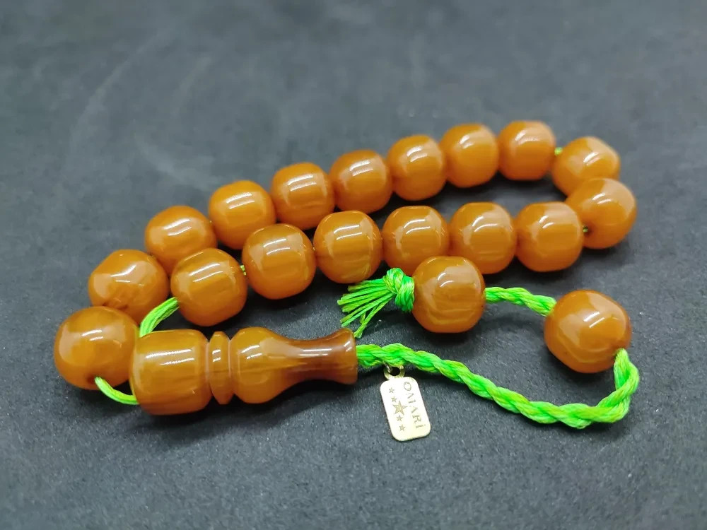 Faturan Islamic Prayer Mascot German Bakelite Amber Rosary.12x13mm.19 beads.