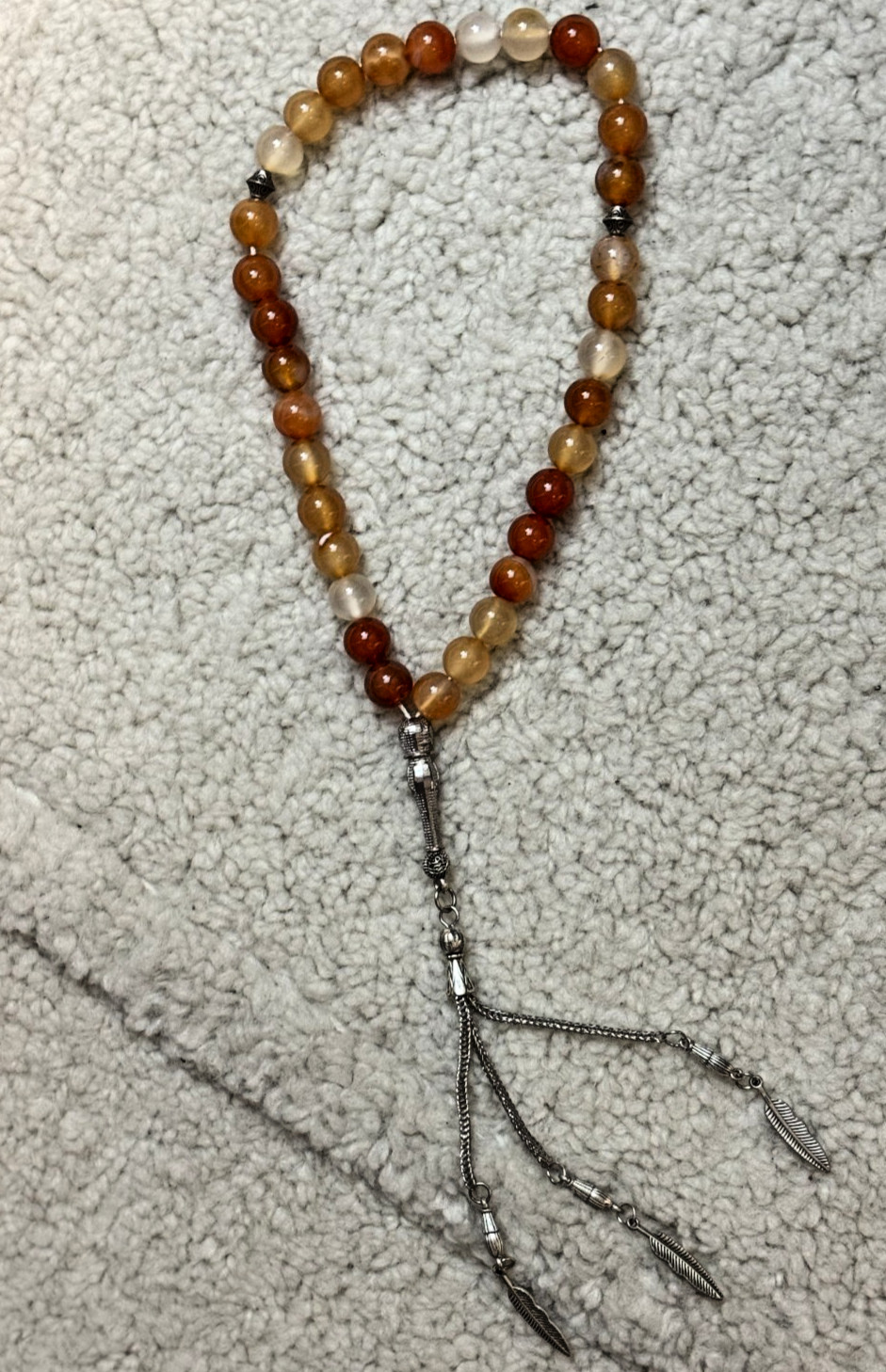 Orange & Honey Aqeeq (Agate) Tasbih 33 Beads Silver Leaf Tassel Gift Pouch