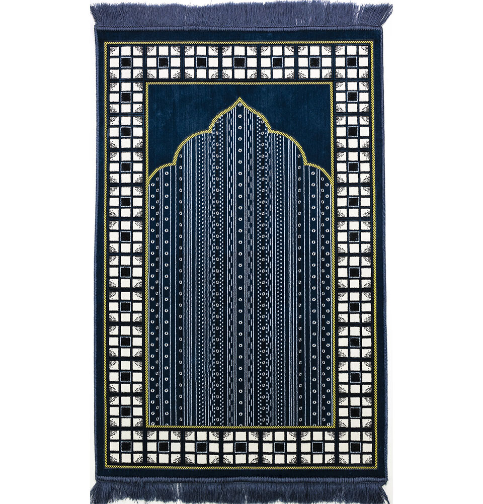 Modefa Islamic Turkish Plush Velvet Prayer Rug Sajjadah Vined Arch – Blue
