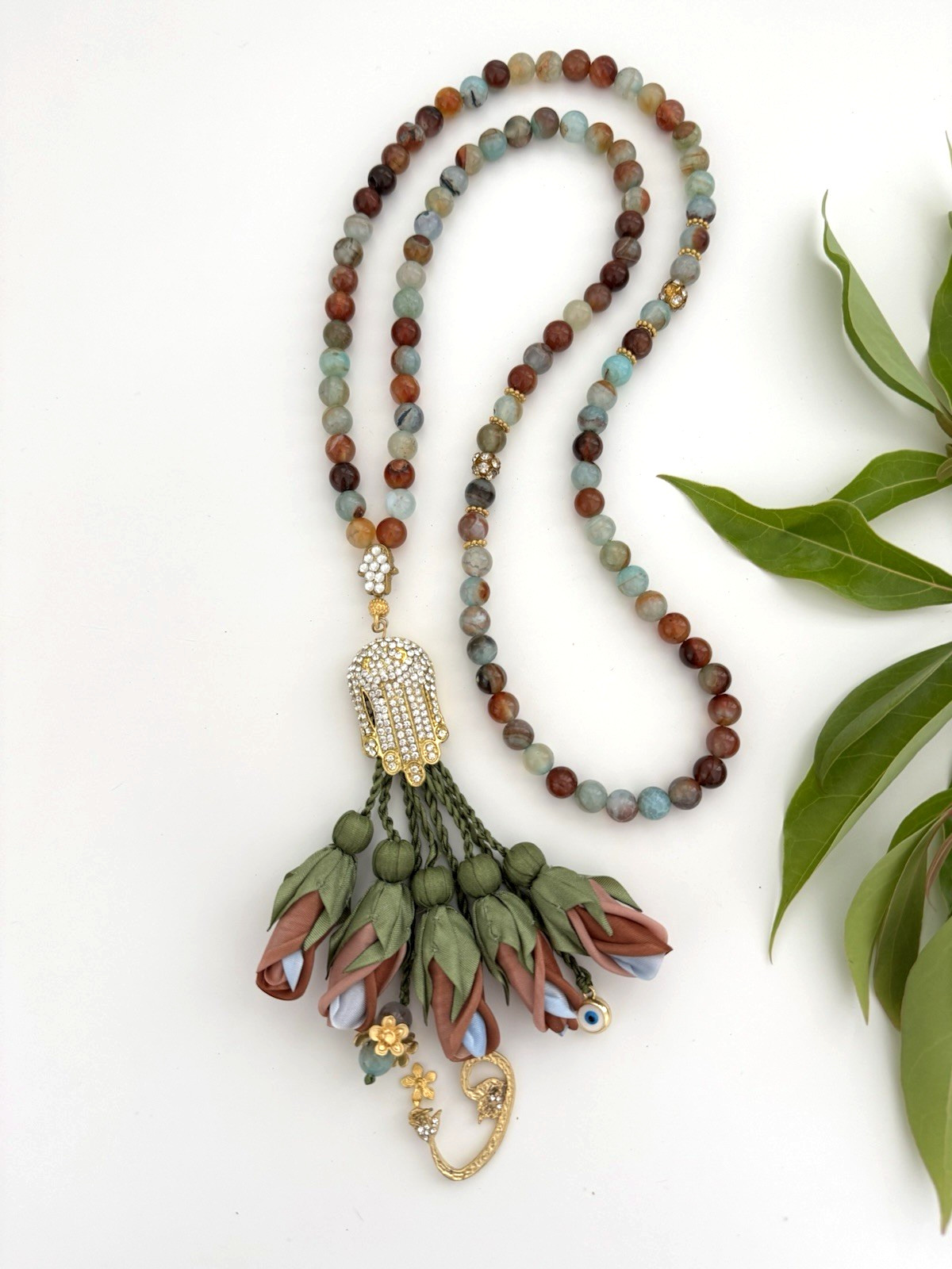 Handmade Amazonite 99 Prayer Beads Islamic Tasbih Rosary Tasbeeh Silk Rose Gift