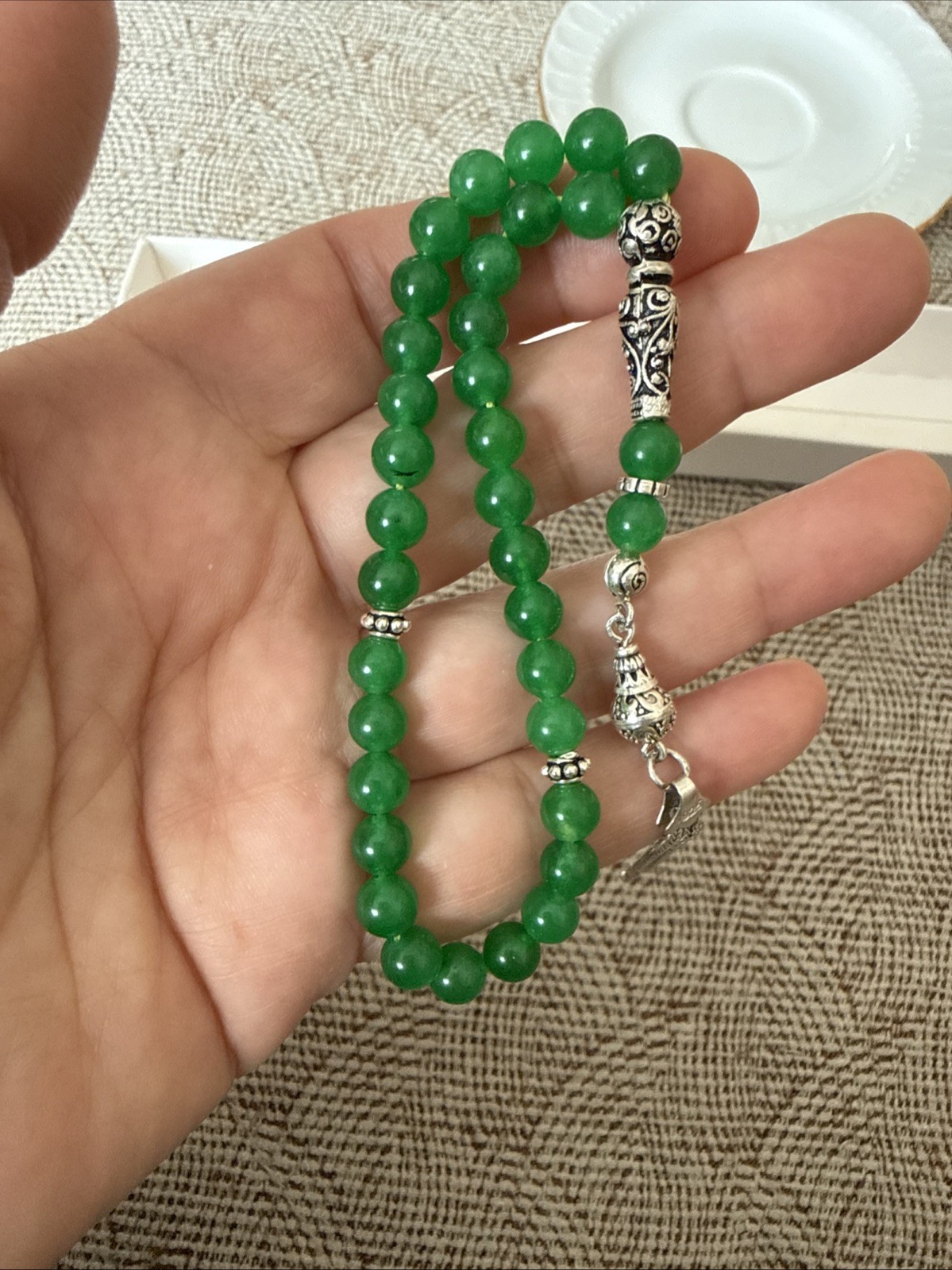 Green Agate Tesbih With Silver Tassel