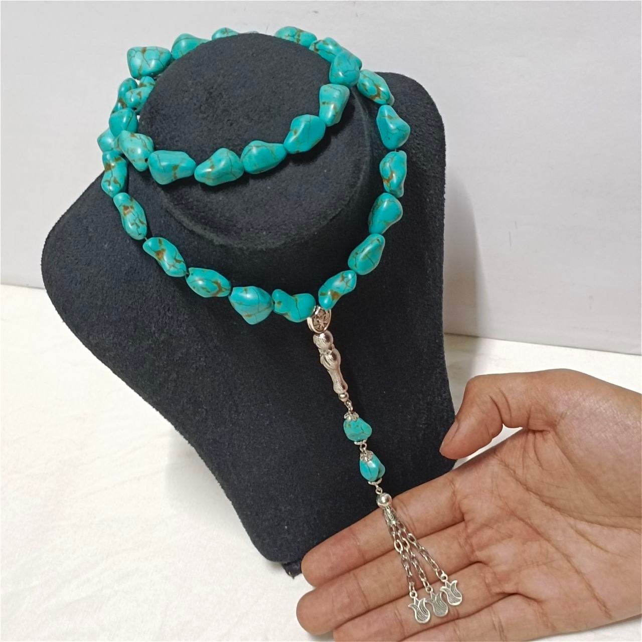 Handmade 33-bead turquoise industrial tasbih with silver accents – elegant gift