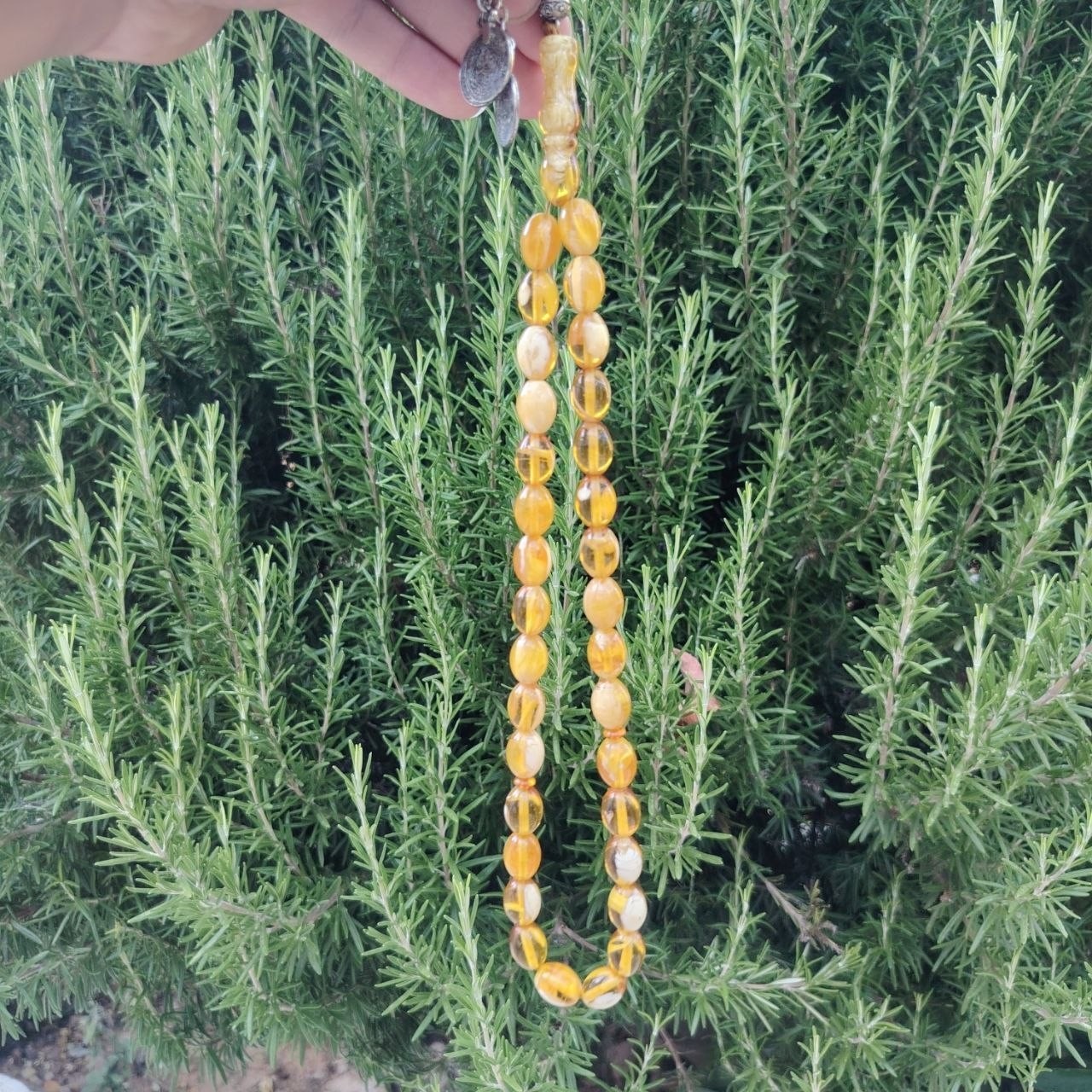 Vintage Islamic Butterscotch Amber Color Tasbih 33Beads Prayer 51g Ottoman Coins