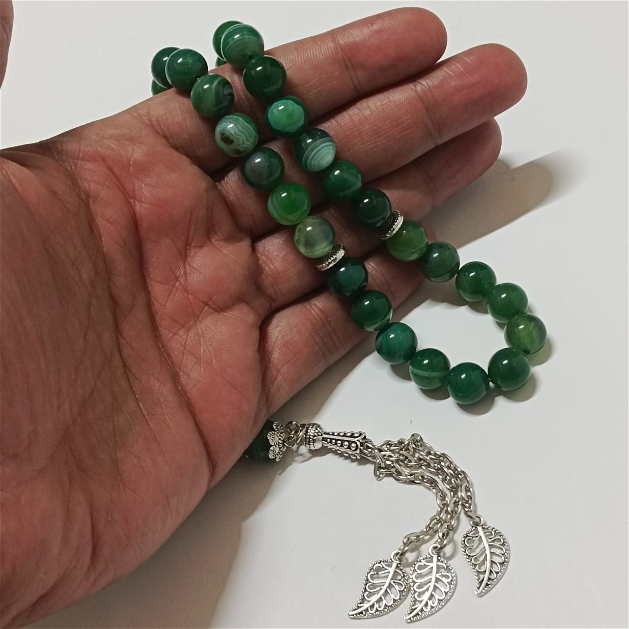 Handmade Egyptian Green Agate Tasbih 33 Beads with Silver Details Misbaha Gift