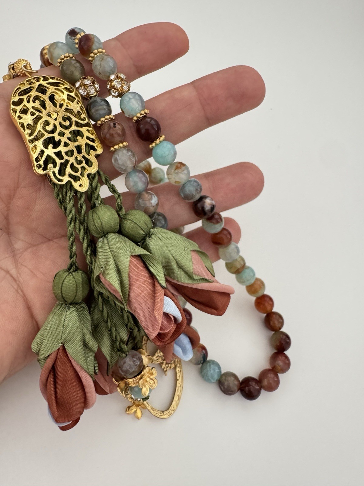 Handmade Amazonite 99 Prayer Beads Islamic Tasbih Rosary Tasbeeh Silk Rose Gift