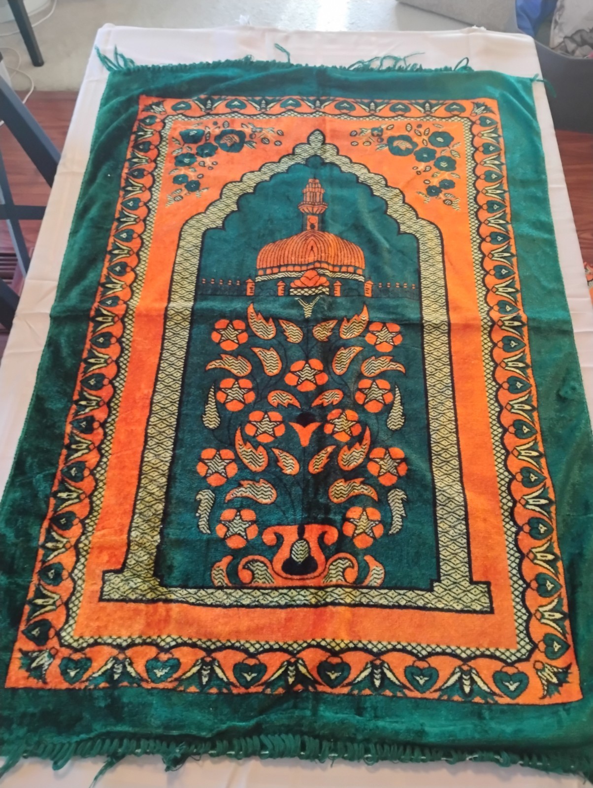 Islamic Prayer Rug Green & Orange Mosque Floral Design with Fringe