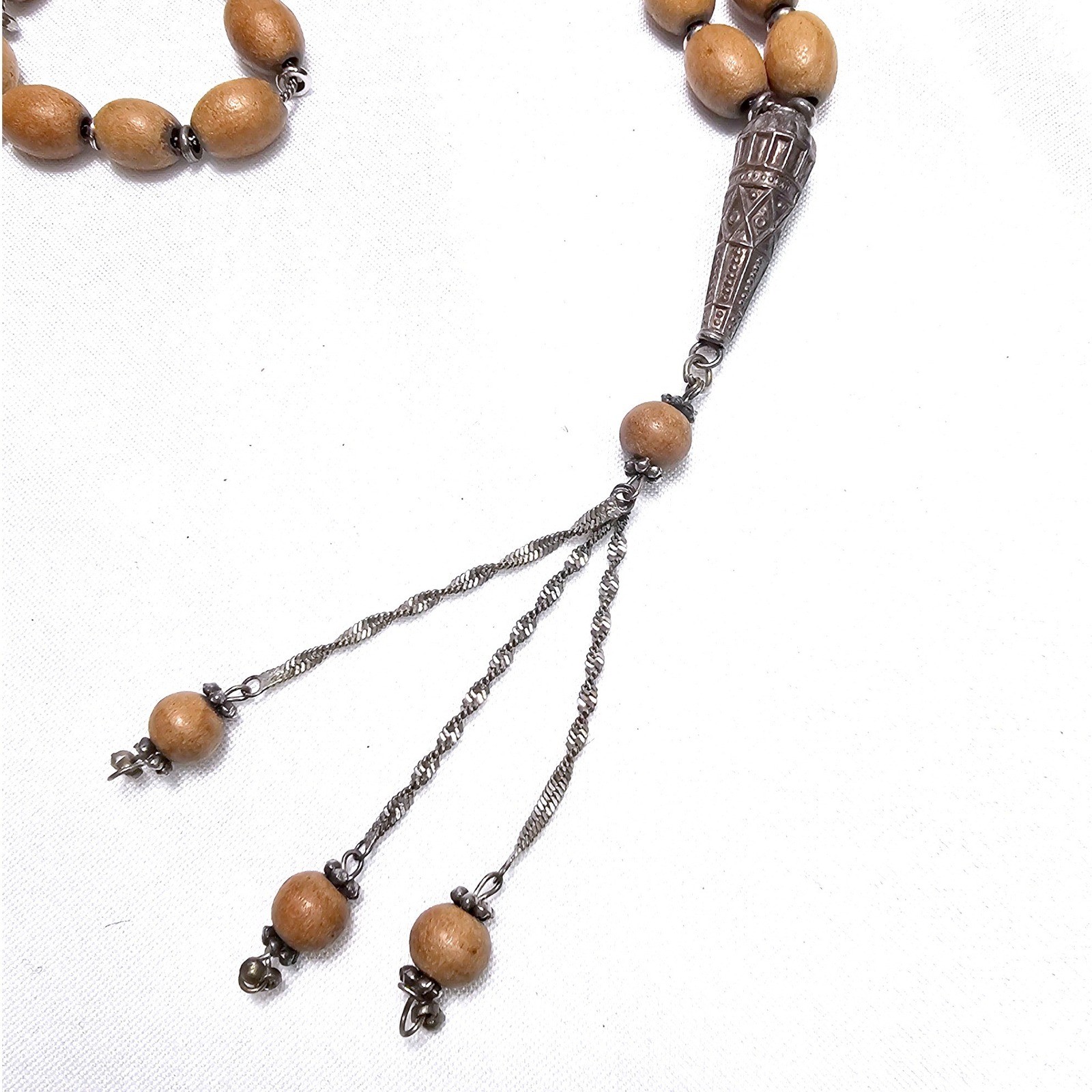 Wood & Metal Misbaha Prayer Beads Unisex 33 Count Brown Silver Tassel Pre-owned