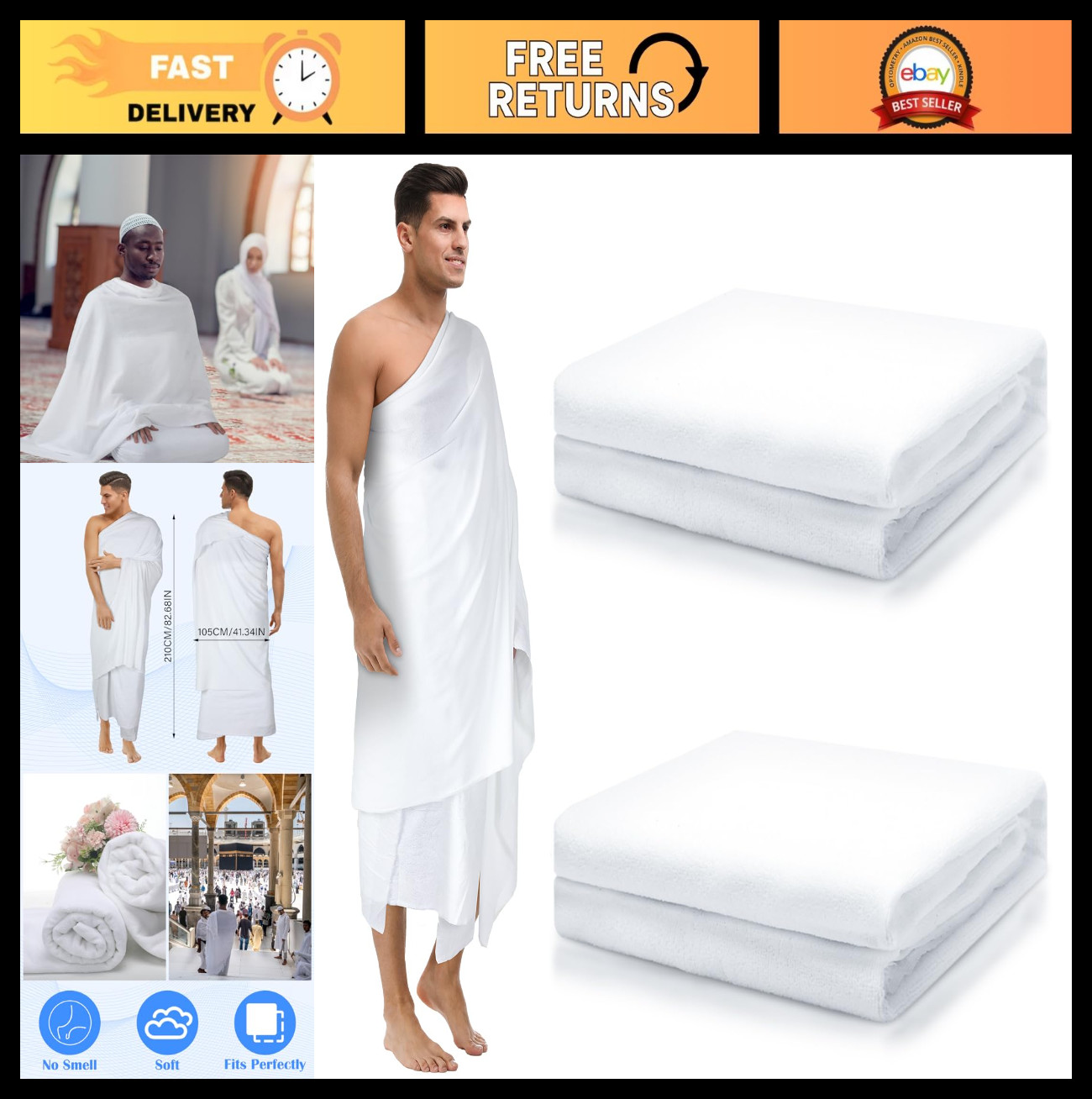 2 Pcs Ihram for Men – White Islamic Clothing for Hajj & Umrah Essentials, 41.3×8