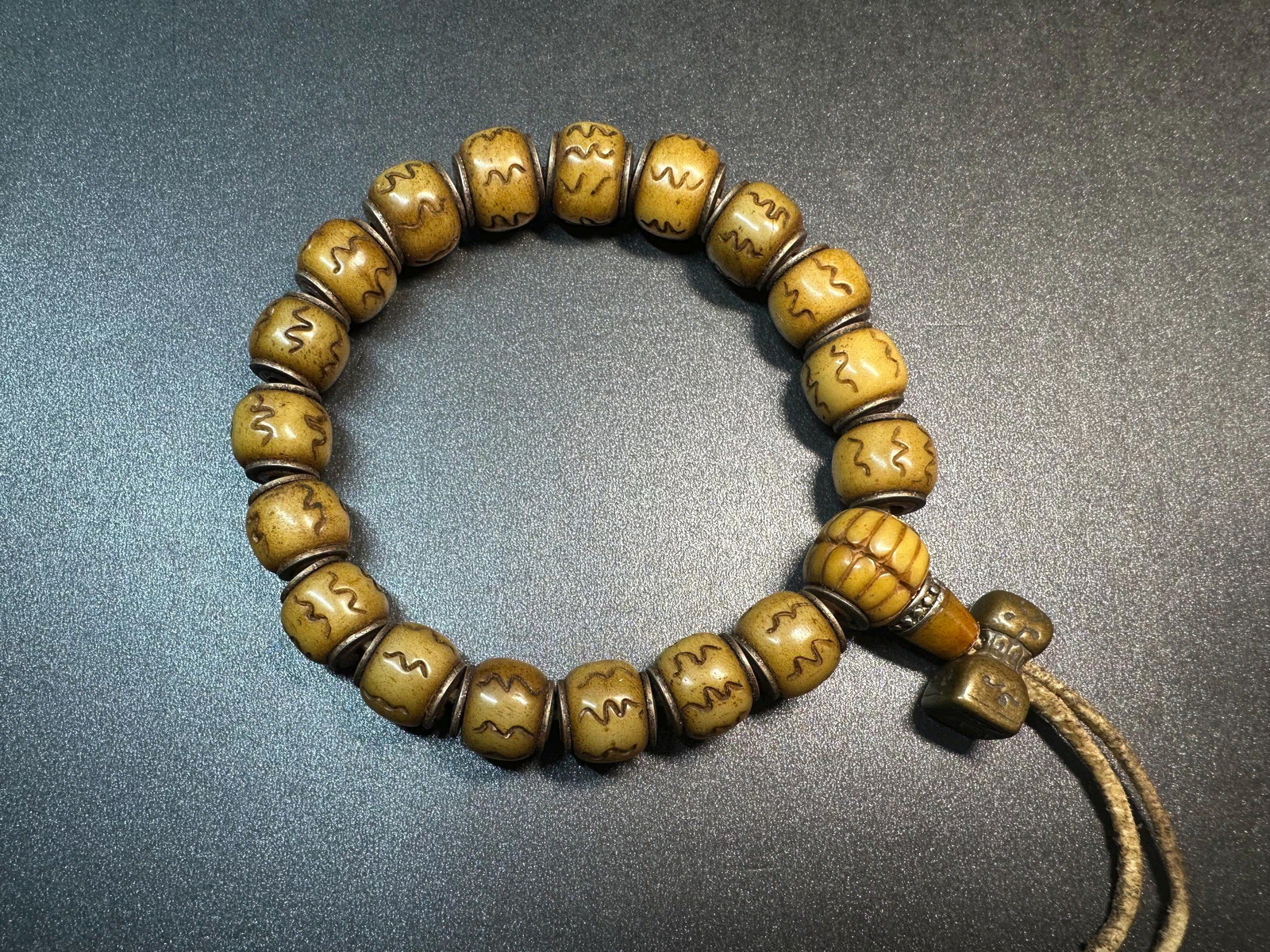Hand-Carved Yak Bone Mala Bracelet | Tibetan Buddhist Prayer Beads | Wave Patte