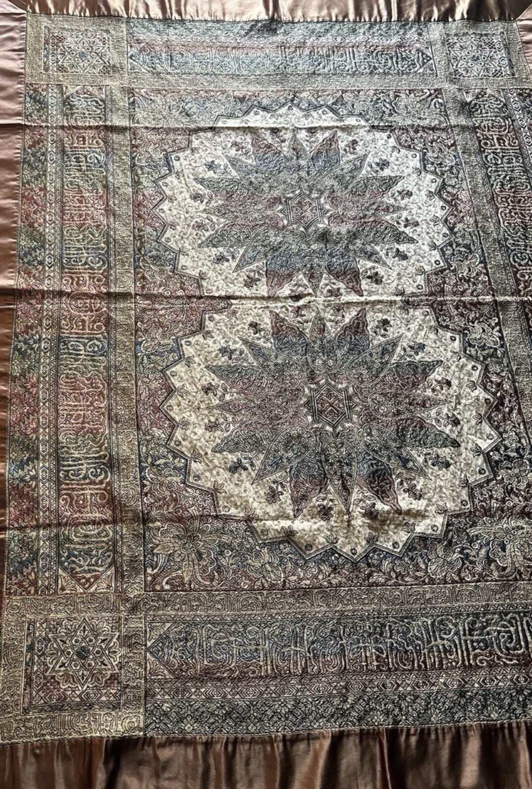 Rare 1920s Islamic Embroidered Wall Hanging w/ Arabic Calligraphy & Satin Trim