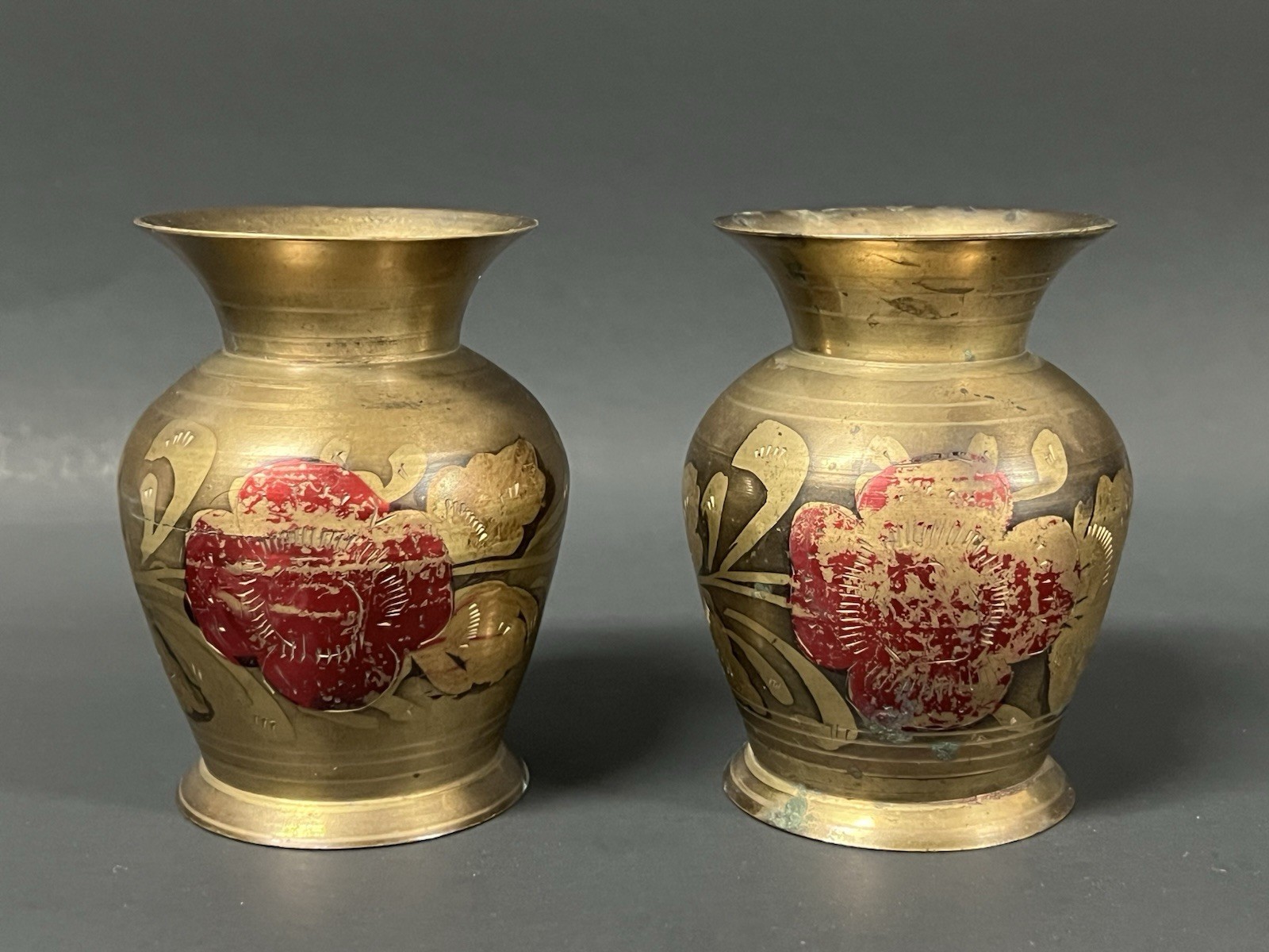 Pair of Vintage Beautiful Handmade Islamic Brass Vases Etched with Floral Design