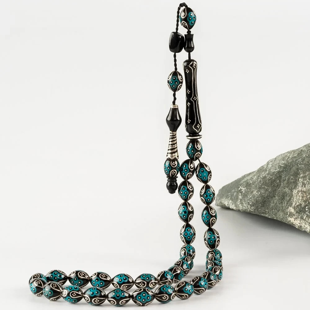 Systematically Tassel Enamel and Silver Embroidered Erzurum Oltu Stone Tesbih