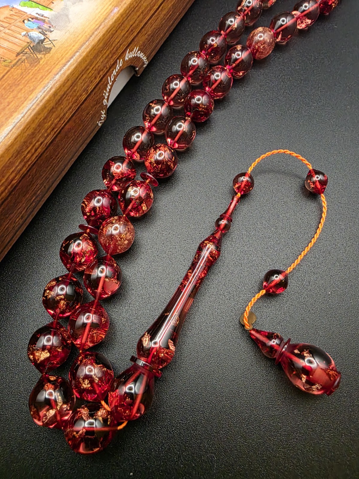 Gold Flakes Red Faturan ISLAMIC PRAYER ROSARY 33 Beads Misbah مسباح سبحة فاتوران
